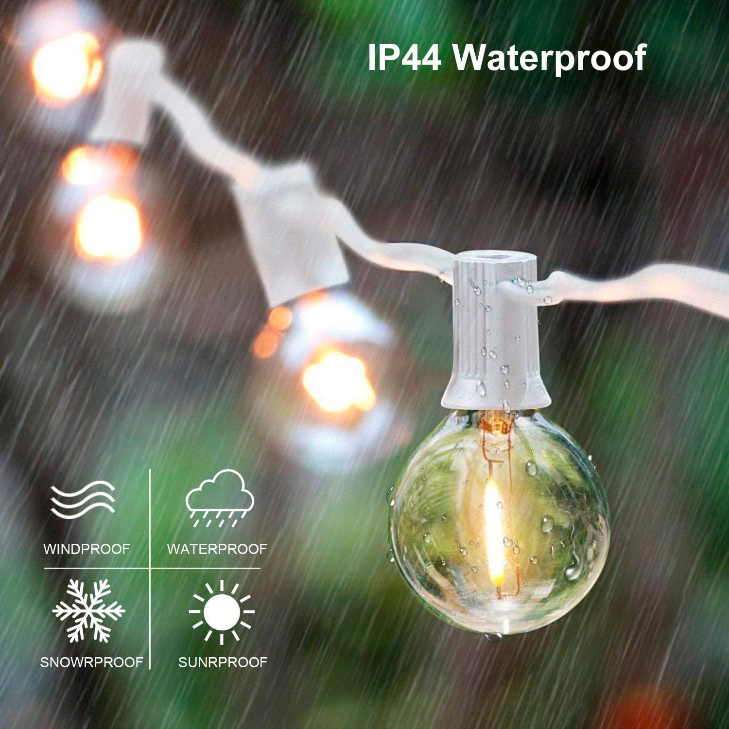 Muasdae 2-Pack Outdoor LED String Lights, 25FT, 50+4 Shatterproof Bulbs, White Wire, Plastic, for Patio, Cafe, Wedding, Indoor/Outdoor