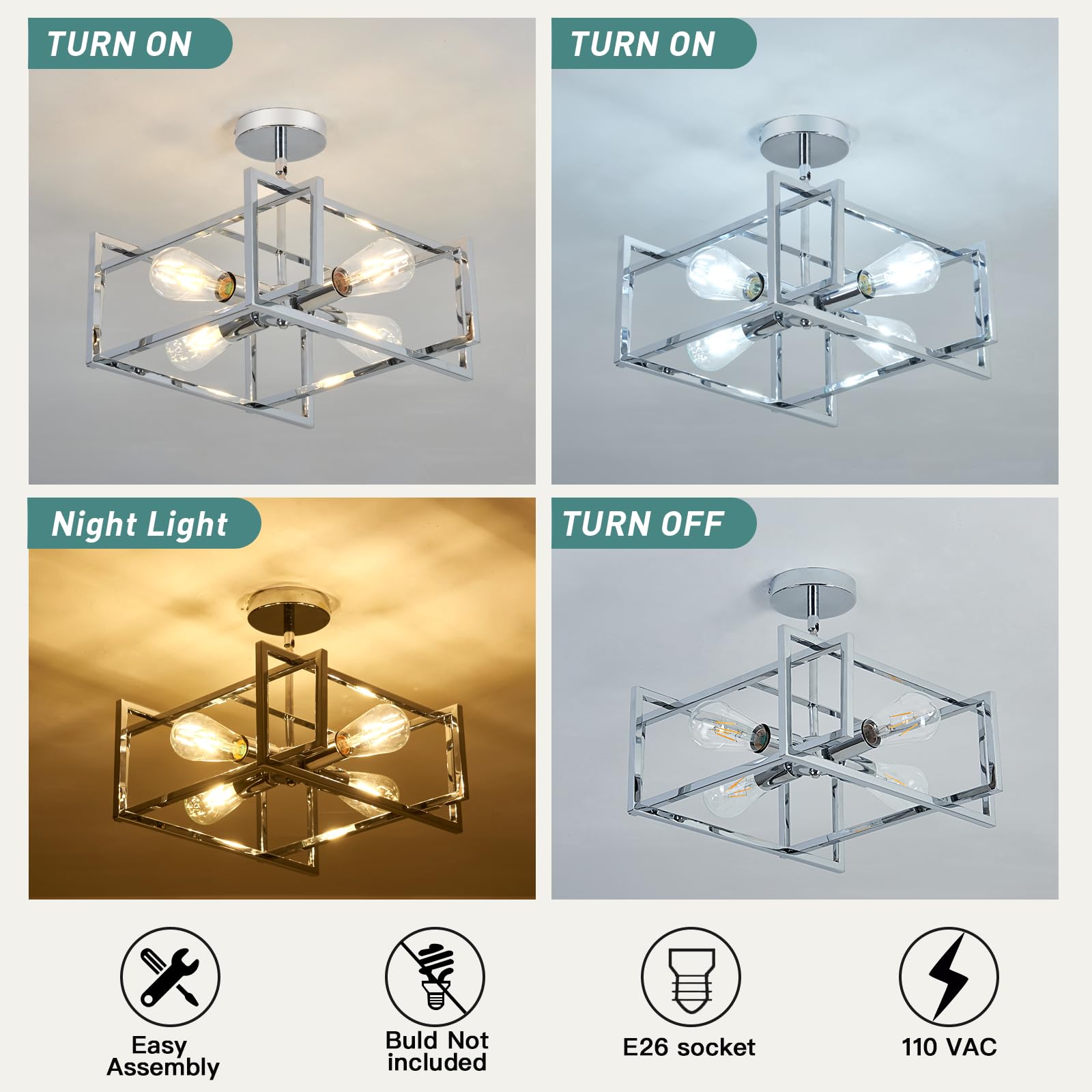 Zglaojt 4-Lights Ceiling Light Chrome Light Fixture Industrial Flush Mount Ceiling Light Farmhouse Chandelier Lighting For Kitch