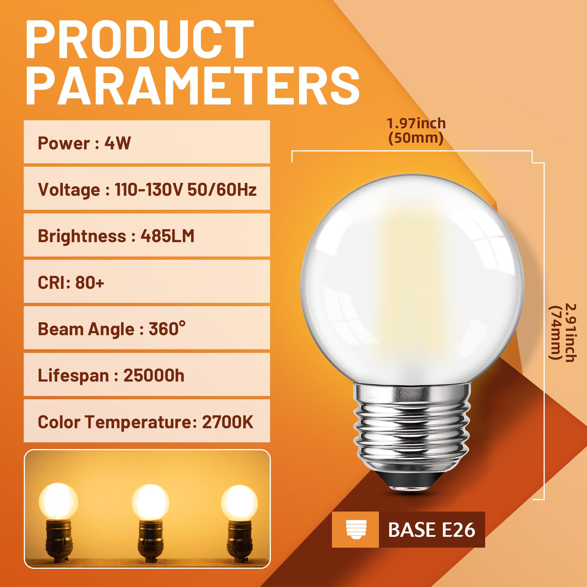 Guangyue Dimmable E26 Frosted Led Light Bulb, 40 Watt Equivalent Led Light Bulbs, G16.5 Edison Frosted Globe Light Bulbs, 485Lm