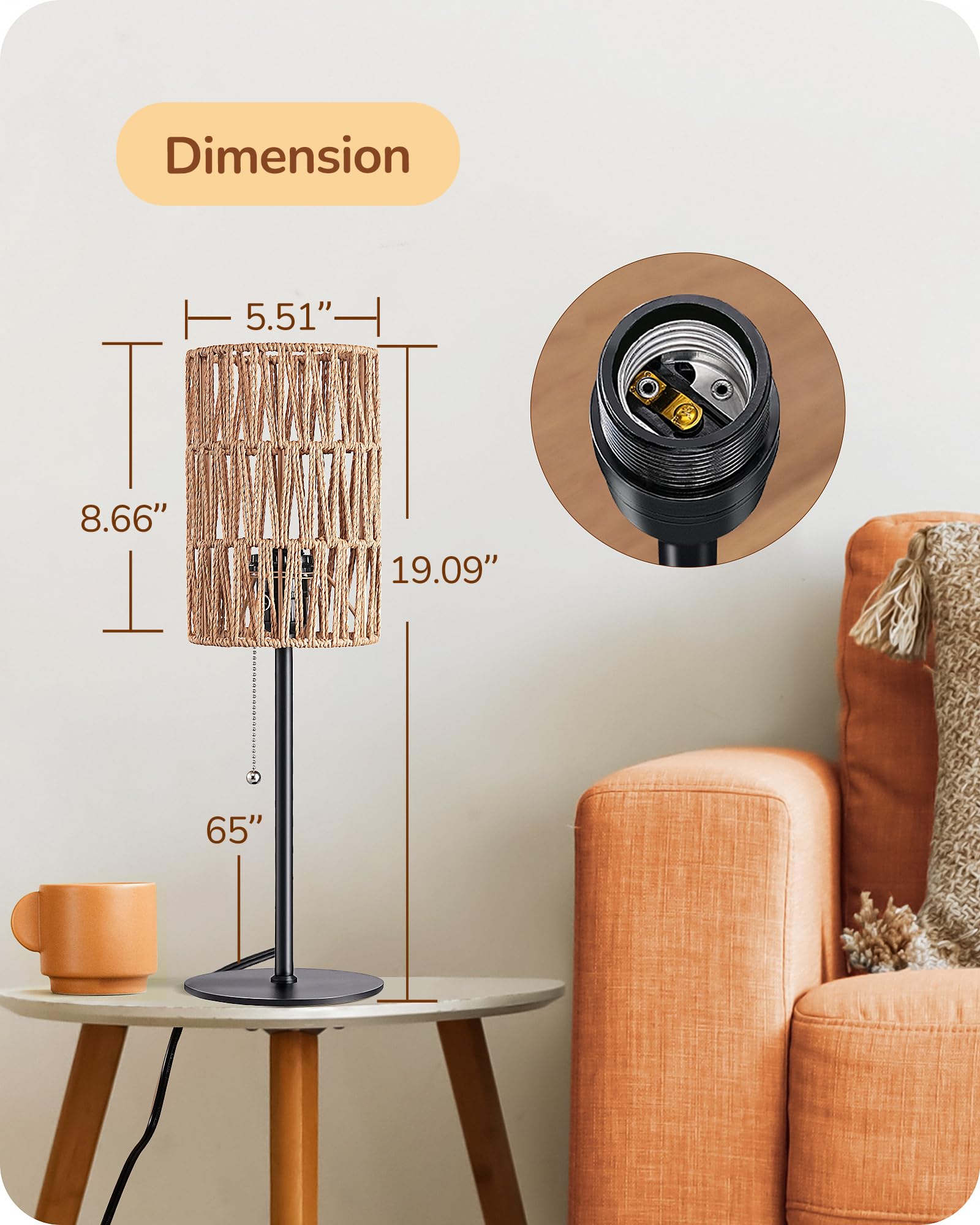 Edishine 19.1'' Rattan Table Lamp, Tall Bedside Lamp With W-Knit Lampshade, Pull-Chain Switch & E26 Socket, Metal Base Boho Nigh