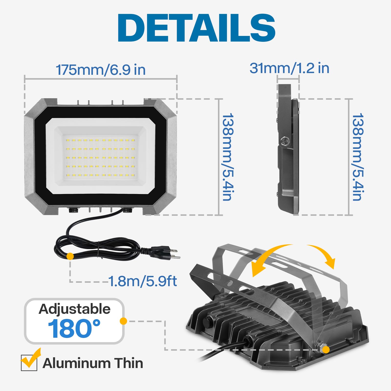 Leddictive 2 Pack Led Flood Lights Outdoor, 50W 5000Lm Super Bright Floodlight Outside Work Light With 5.9Ft Plug, Ip65 Waterpro