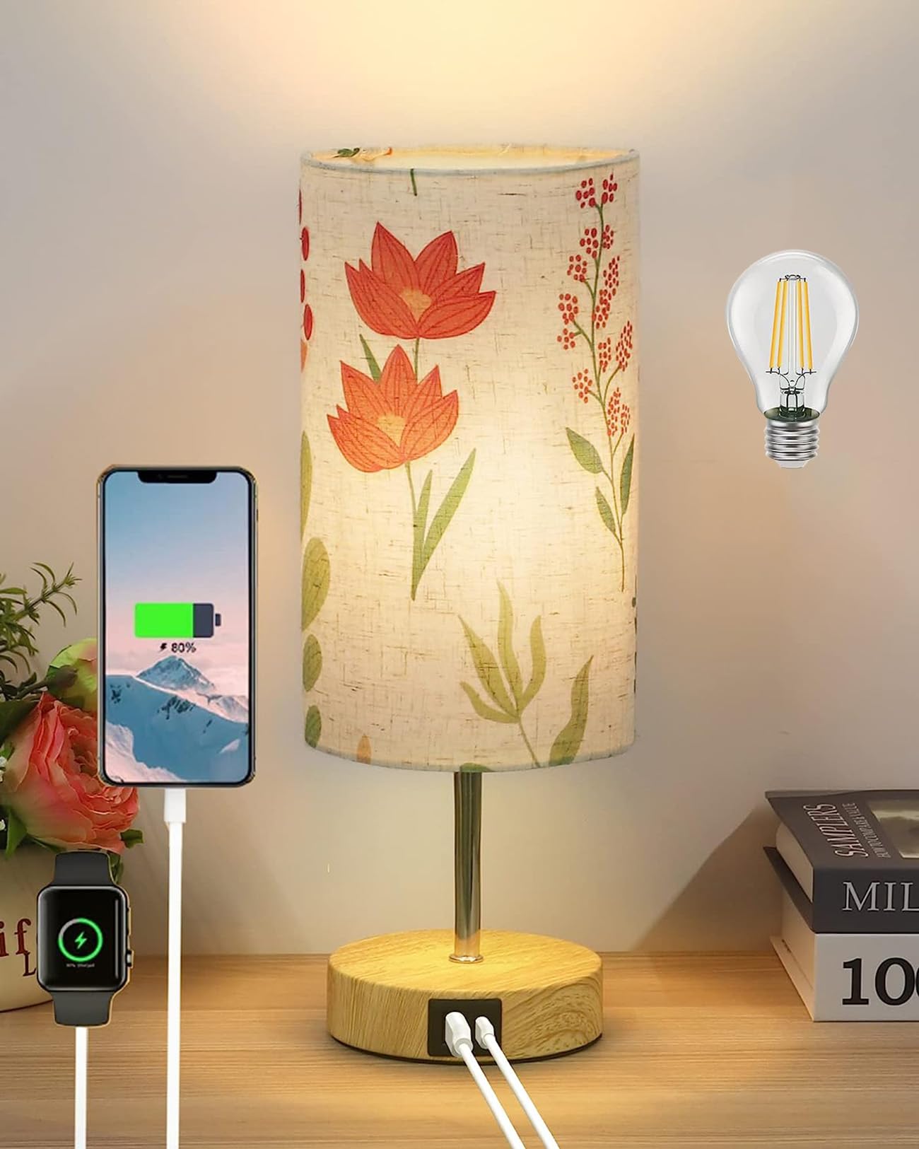 Lanmonlily Touch Bedside Lamp With Two Usb Charging Ports - Three-Way Adjustable Brightness Table Lamp With Patterned Linen Shad