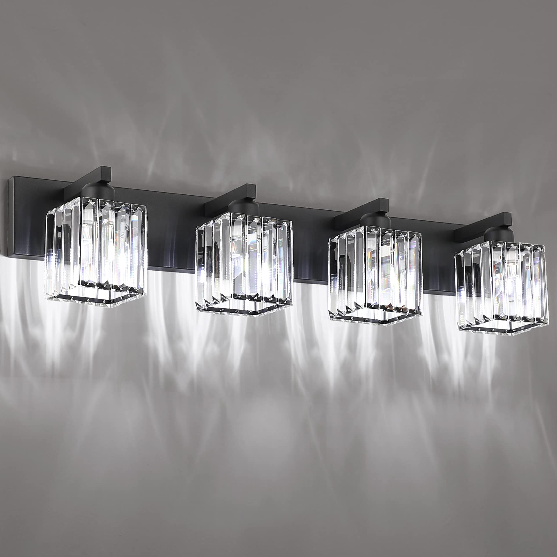 Aipsun Bathroom Vanity Light, 4-Light Modern Crystal Fixture, Black Aluminum, Model 8461
