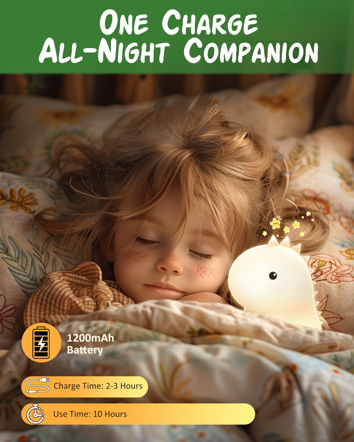 loatme Night Light for Kids, Rechargeable Silicone LED Lamp, Dimmable, 7 Colors, Dinosaur Design