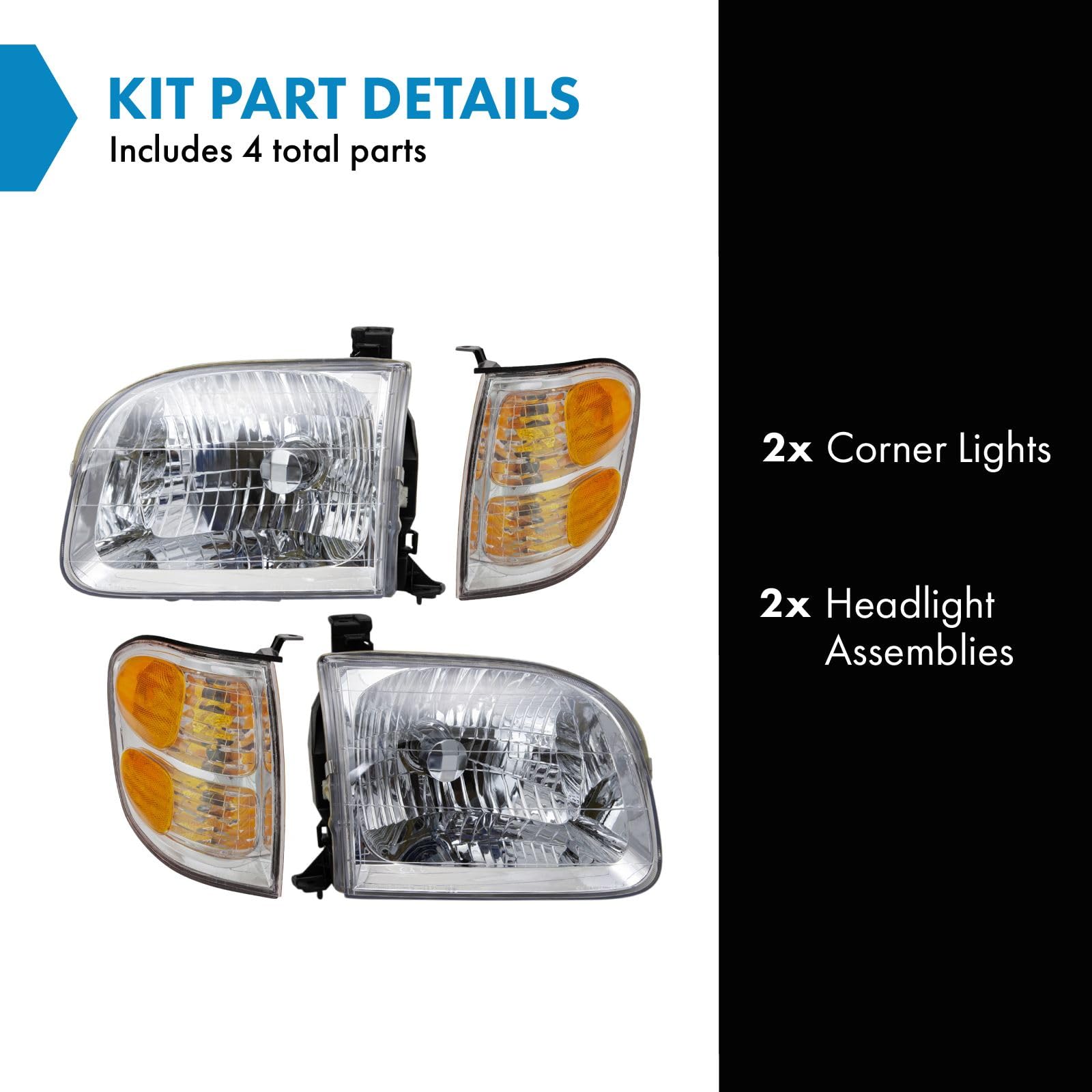 TRQ 4-Piece Front Headlight & Corner Light Kit for 2001-2004 Toyota Sequoia, 2004 Tundra Crew Cab - Model LKA87336