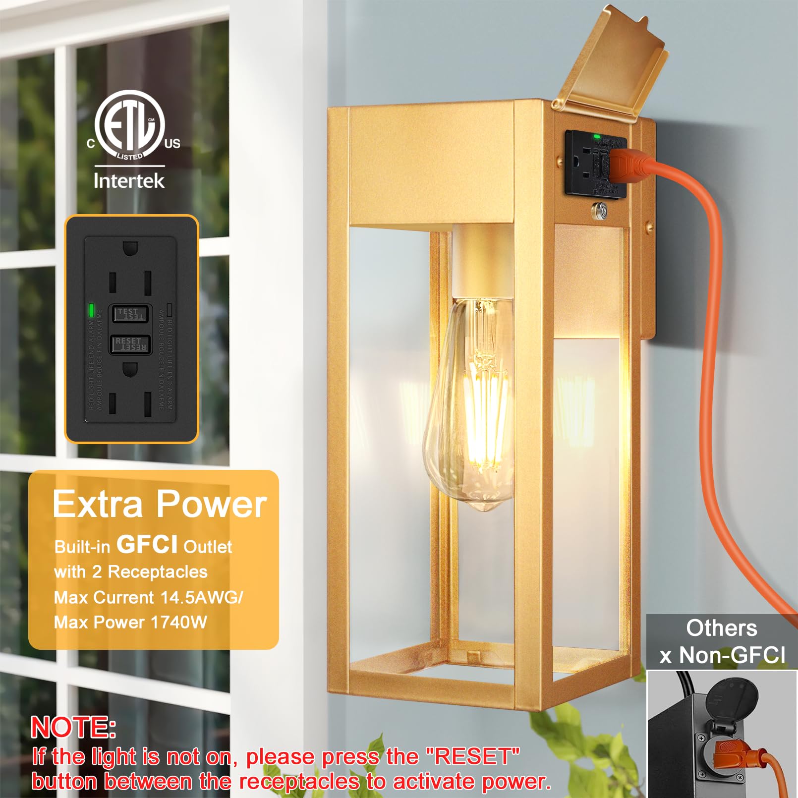 OYKYOHEI Outdoor Wall Sconce with GFCI Outlet, Waterproof Gold Lantern Light, No Sensor, 1 Pack for Patio, Doorway, Garage