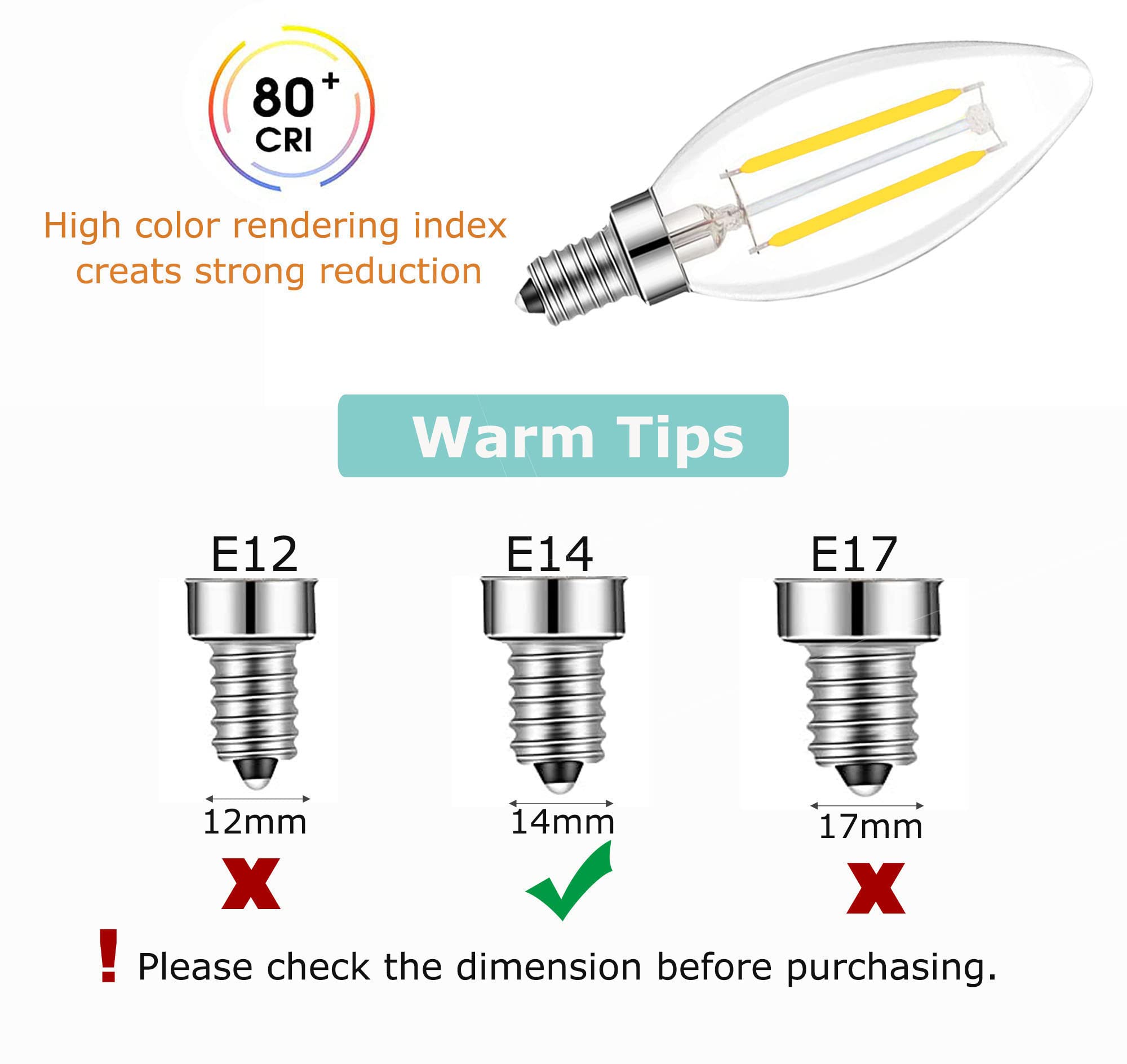 Lamsky E14 Led Filament Candle Shape Light Bulb,E14 European Base Bulb,Daylight 6000K 200Lm 20W Equivalent,C35 Clear Glass Torpe