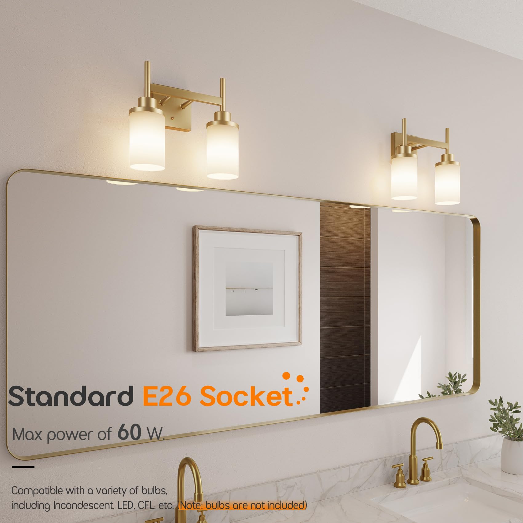 Aoneon Vanity Lighting Fixtures With White Frosted Glass Shade  Double Wall Lamps For Bathroom Mirror Bedroom Living Room Washroom Porch  Gold T001Gd-L2