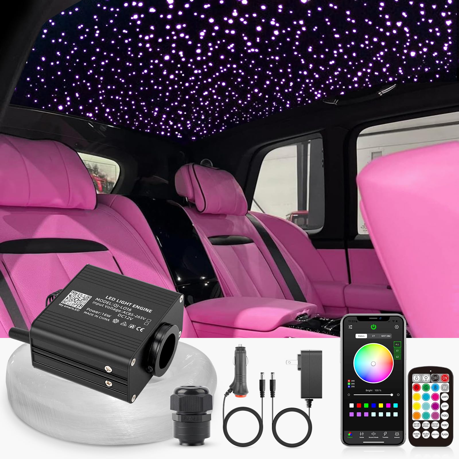 SUNKENET 16W Twinkle Starlight Headliner Kit, 150pcs*0.03in*6.5ft Fiber Optic Strands Bluetooth APP/Remote/Music Control, RGBW C