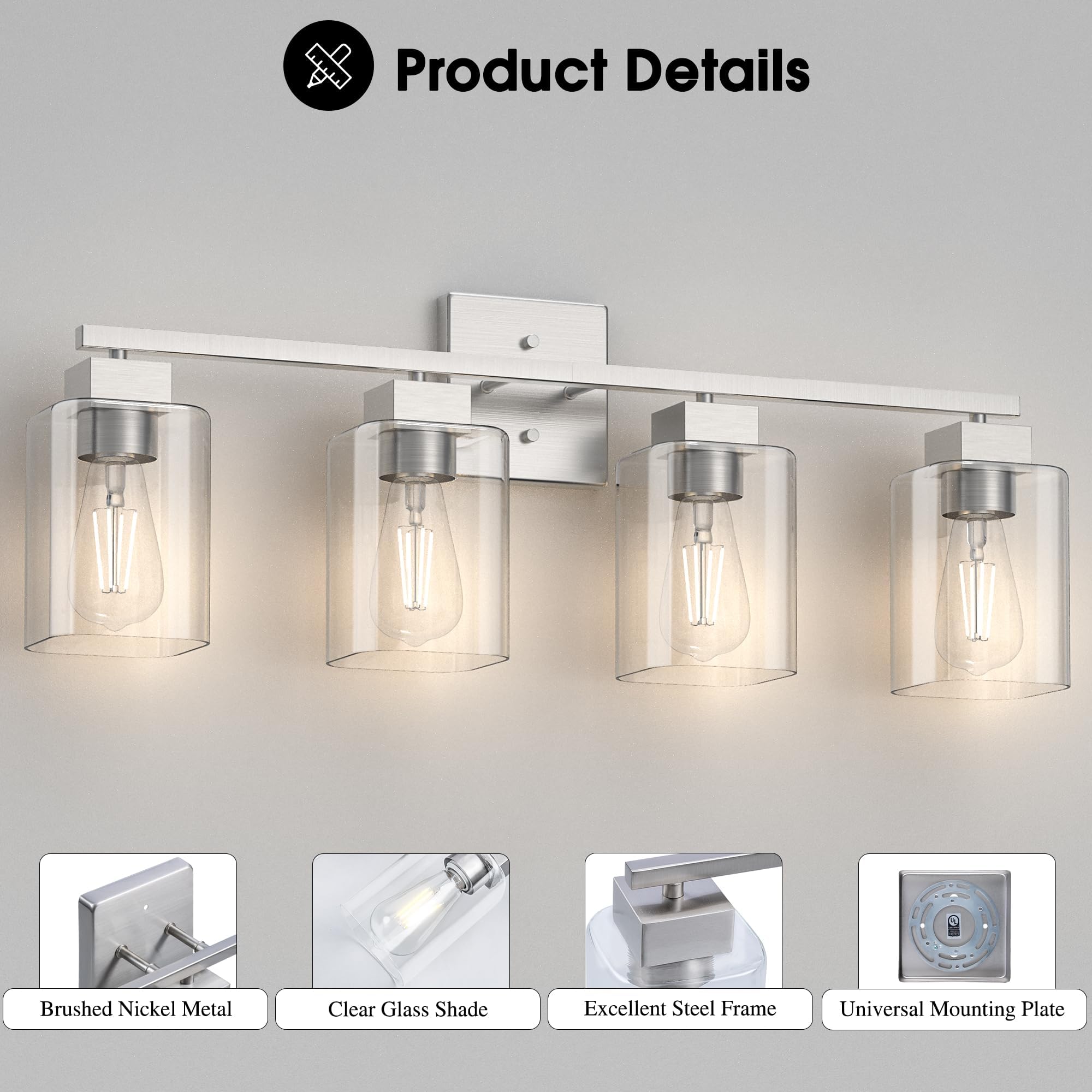 Espird Brushed Nickel Bathroom Vanity Light, Square Design & Ul Certification, 4 Lights Bathroom Lighting Fixtures Over Mirror,