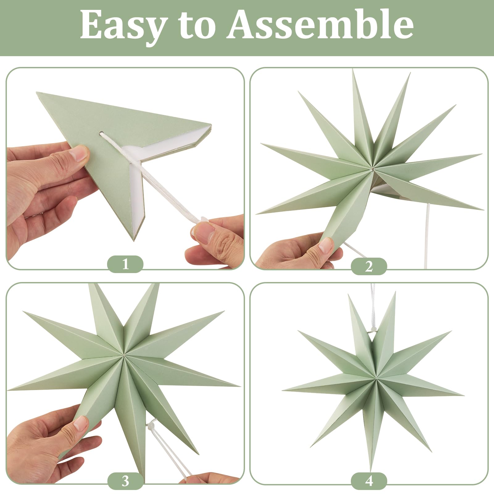 SUNBEAUTY 12 Inch Sage Green Paper Star Lantern - 9-Pointed Hanging Lamp for Weddings, Birthdays, and Christmas Decorations