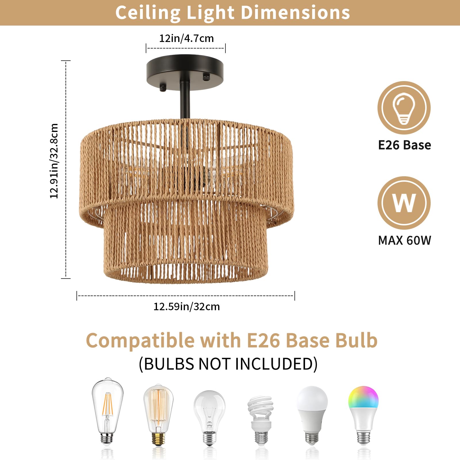 Foucasal Boho Light Fixtures Ceiling Mount, 3-Light Rattan Chandelier Woven Double-Layer Semi Flush Mount Ceiling Light For Hall