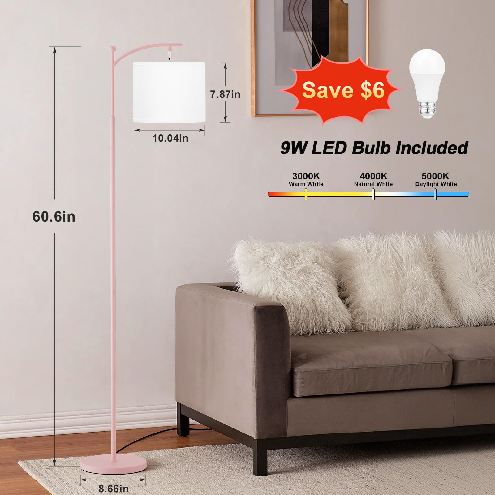 60'' Floor Lamps For Living Room With 3 Color Temperatures, Adjustable White Shade With Pink Pole, Tall Lamps For Living Room Be