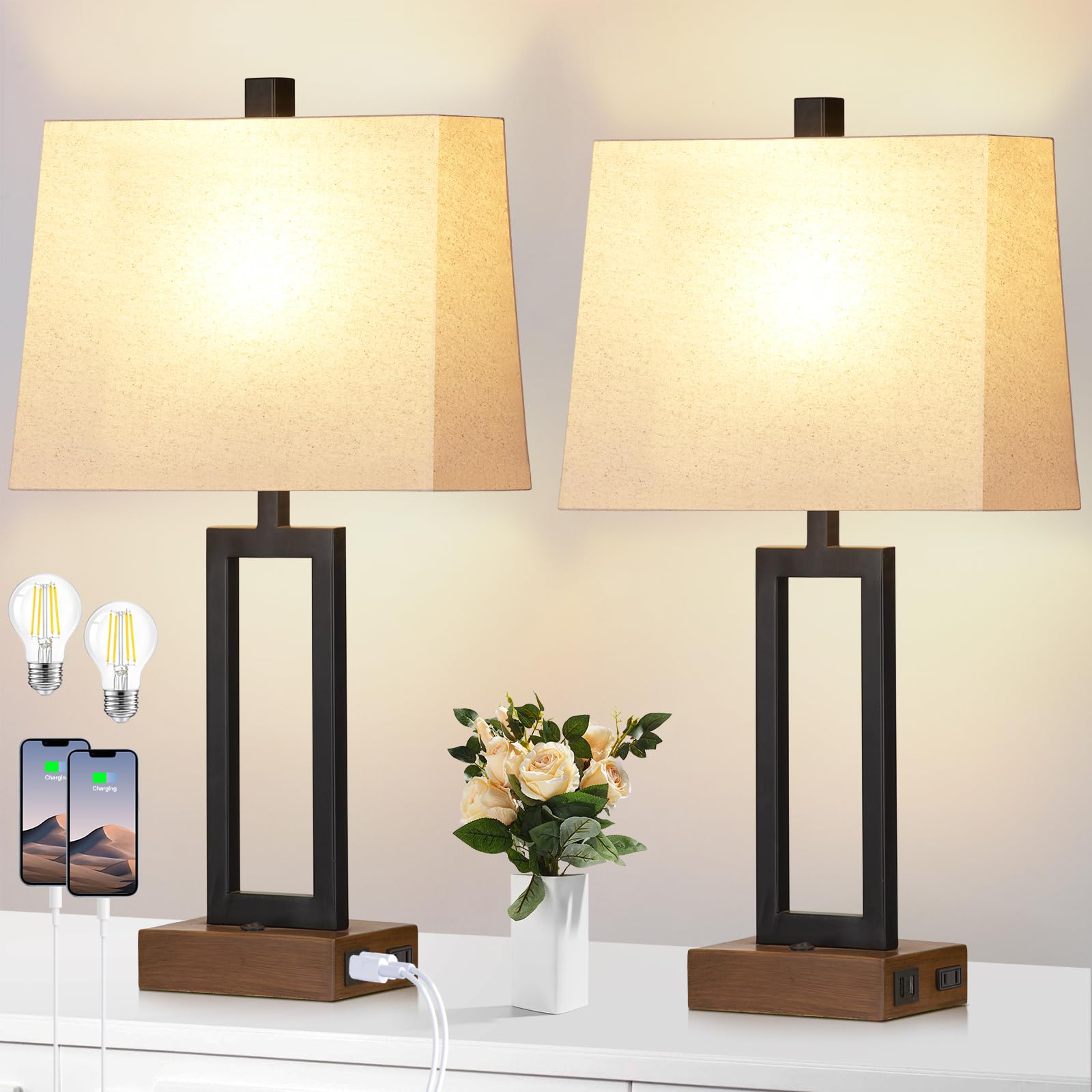 Lolikit Set Of 2 Black Table Lamps With Usb Ports, Ac Outlet, 23.5&quot; Modern Bedside Lighting