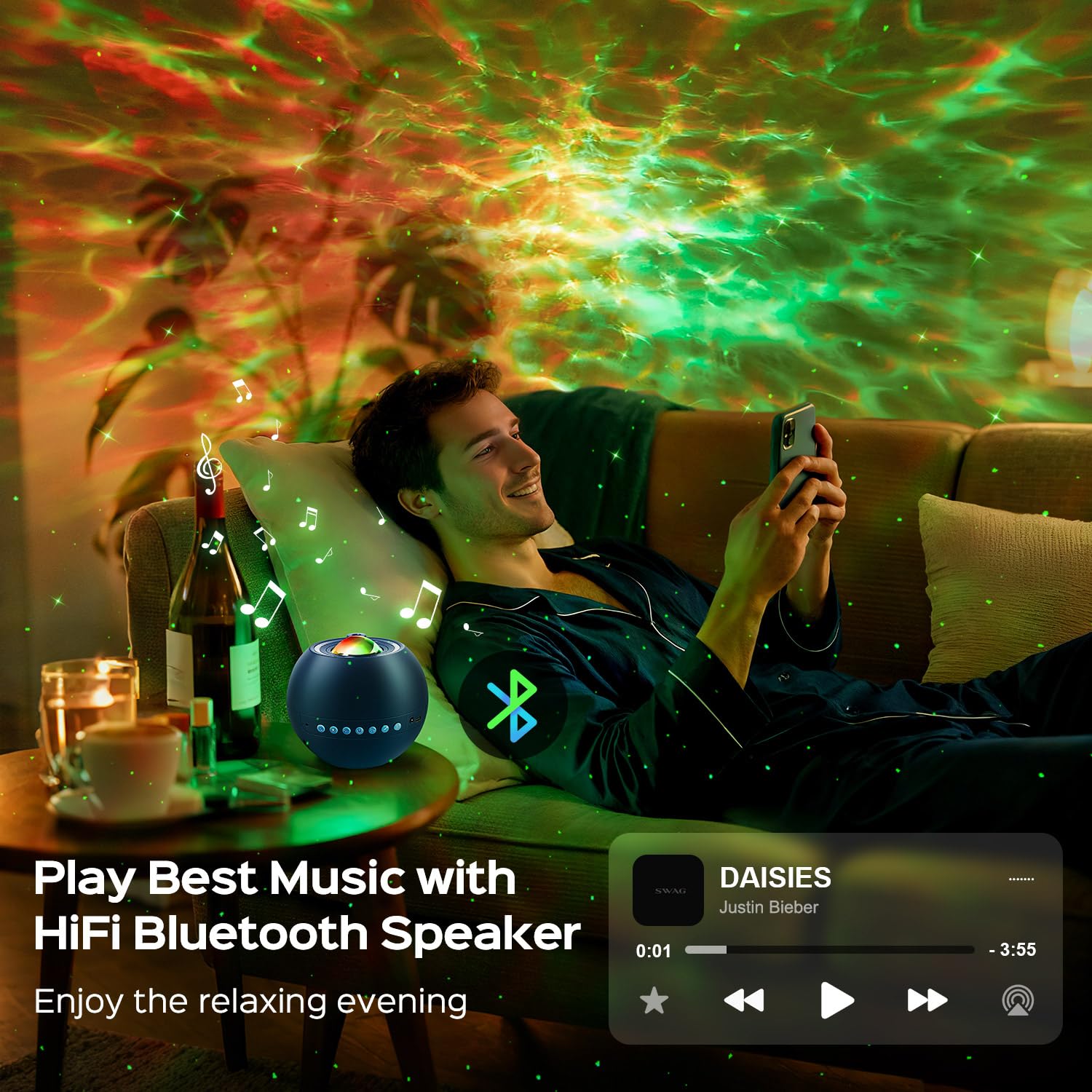 One Fire Lava Lamp & Sound Machine for Kids - Bluetooth Night Light, Nebula Projector, Blue, Model WH-E14A