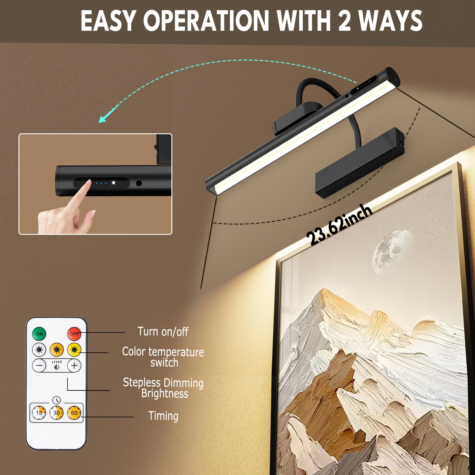 Bridika Picture Light, Battery Operated, 19.7in, Dimmable, Aluminum, Black, Model YZ500