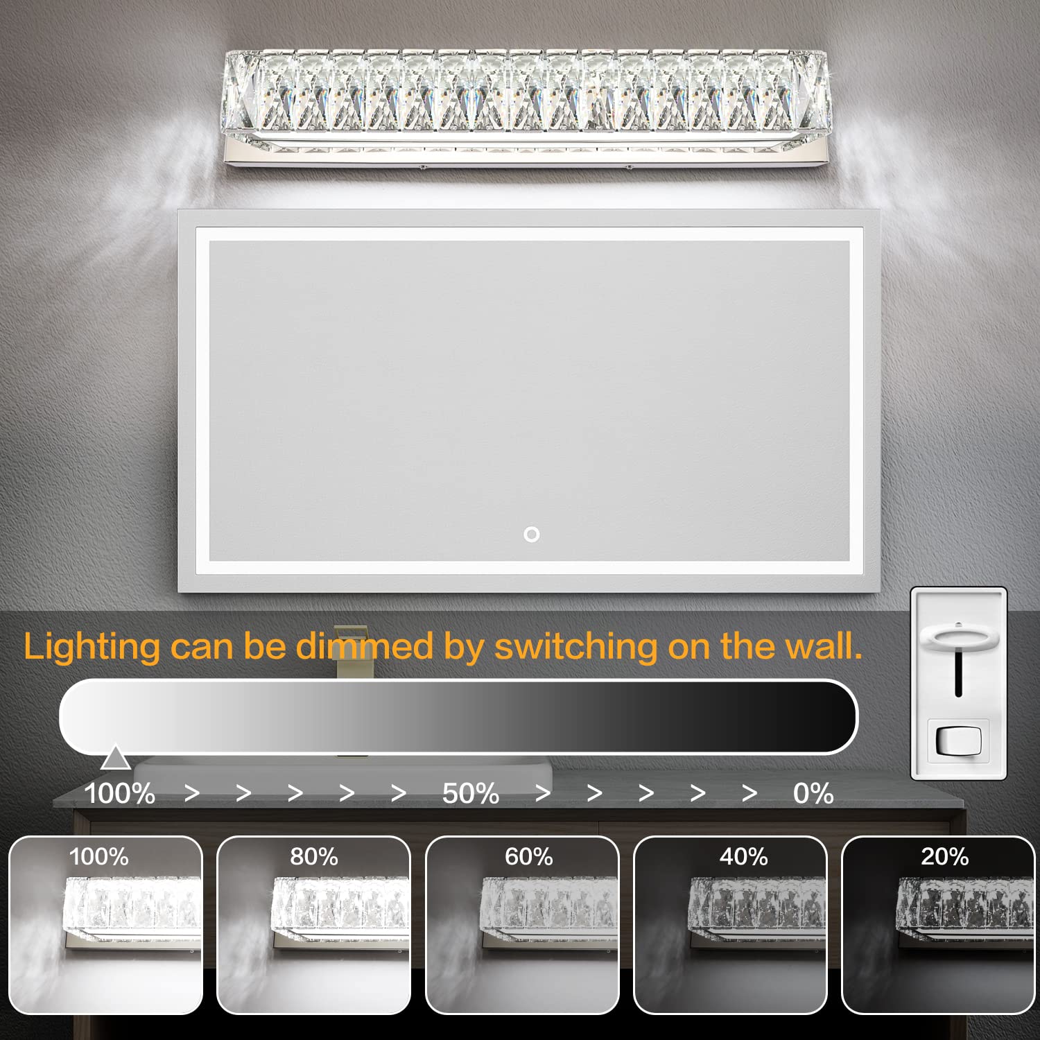 ZUZITO LED Vanity Lights - Modern Bathroom Fixtures, 18W, Polished Chrome & K9 Crystal, 22.8 inch, Dimmable, Model S17500-580mm-
