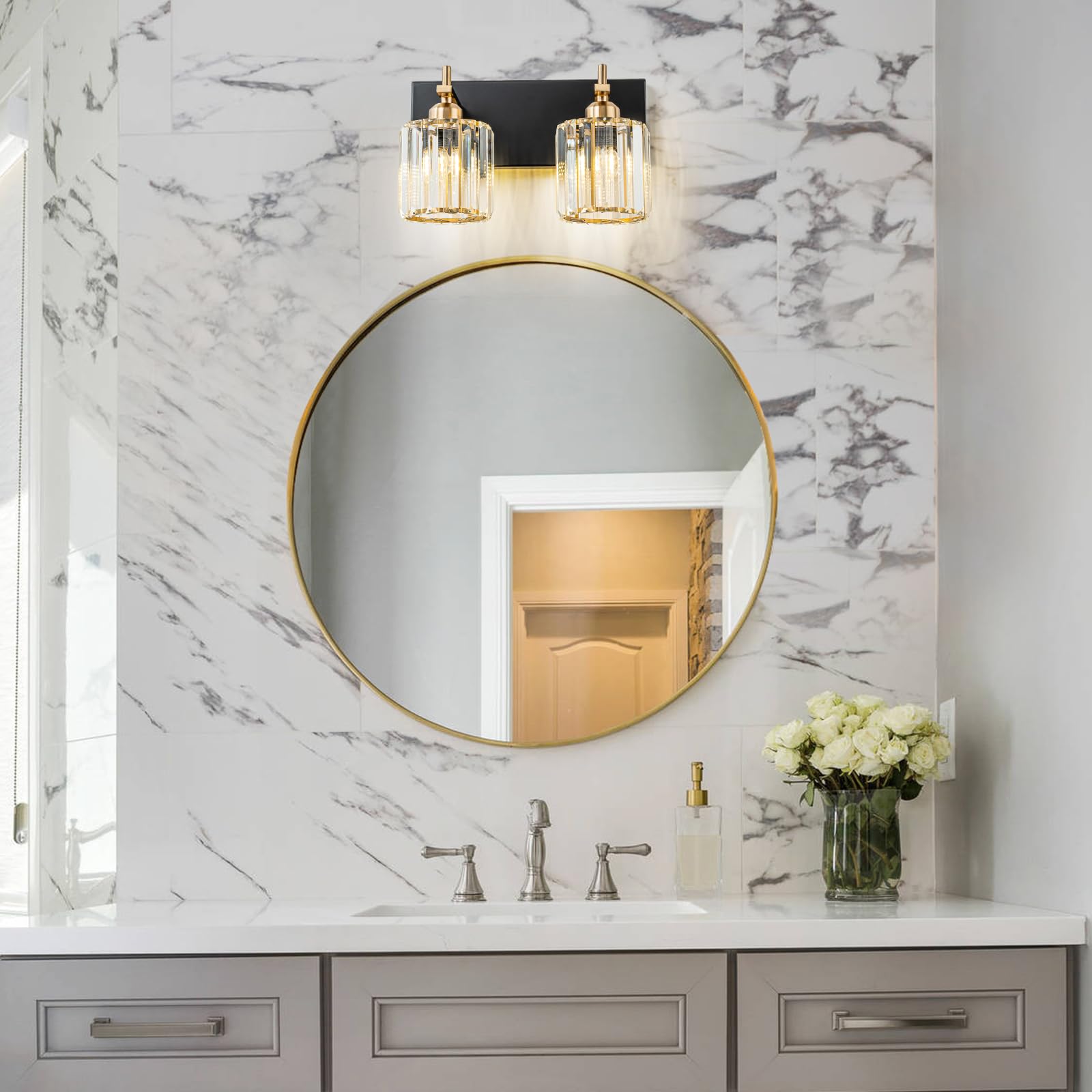 HUOKU 2-Light Crystal Bathroom Vanity Lights, Metal & Crystal, Black Gold Finish