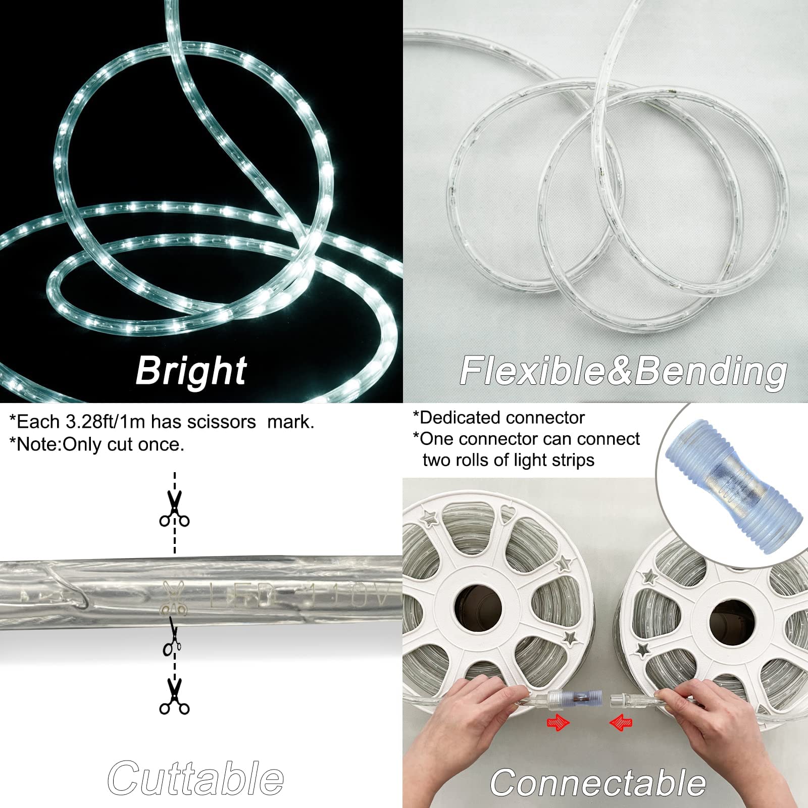 SURNIE LED Rope Lights 150FT Waterproof Dimmable Daylight White for Outdoor/Indoor Decoration, Model SR11101-45-DW-NA