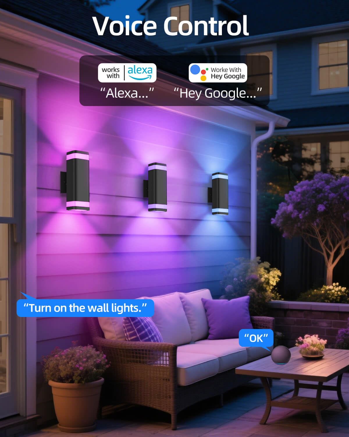 RAYVO Smart Outdoor RGB Wall Lights, Wi-Fi Control, Dusk to Dawn, Aluminum, 1 Pack, Black Finish, Model R013