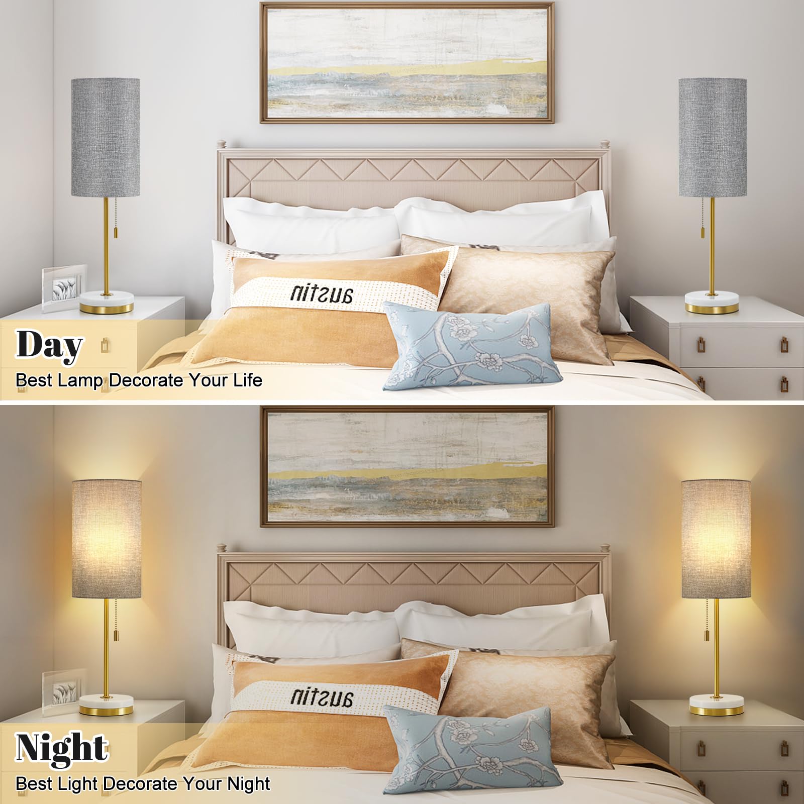 Luvkczc Minimalist Table Lamp Set of 2, Modern Pull Chain Bedside Lamp, Marble Base, Fabric Shade, Grey, Model 2TL-066C