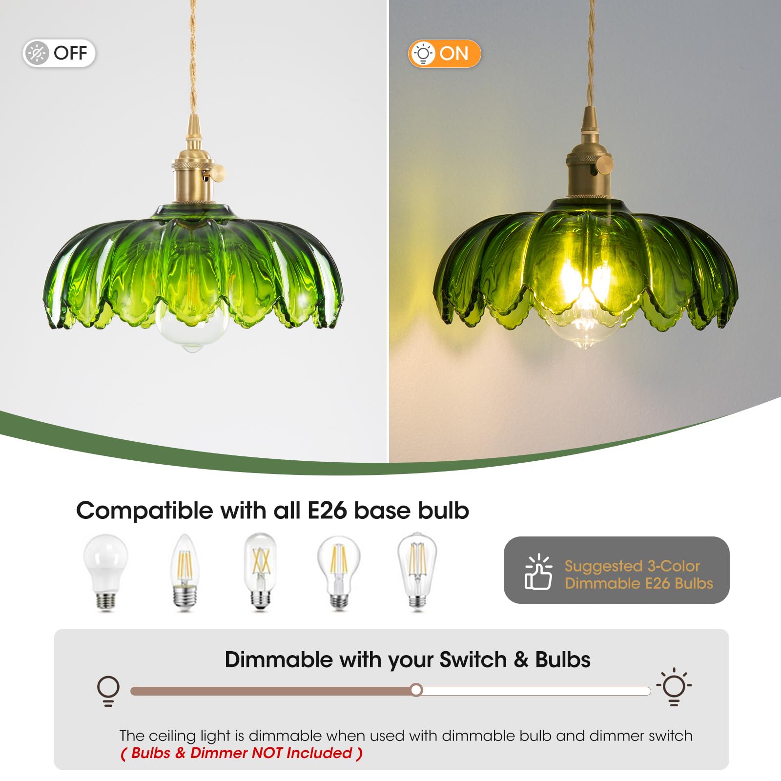Beser·Win Green Glass Pendant Light - E26 Hanging Fixture with Plug-in Cord for Kitchen, Bedroom, Dining Room - Model PDL-006