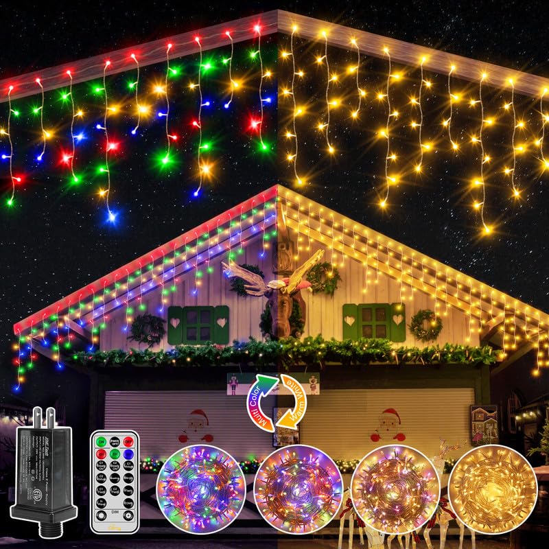 Ollny Icicle Lights 306Led, Color Changing With Remote, 25Ft Waterproof Holiday Lights, Warm White To Multicolor, Model Hg-29V306Bc