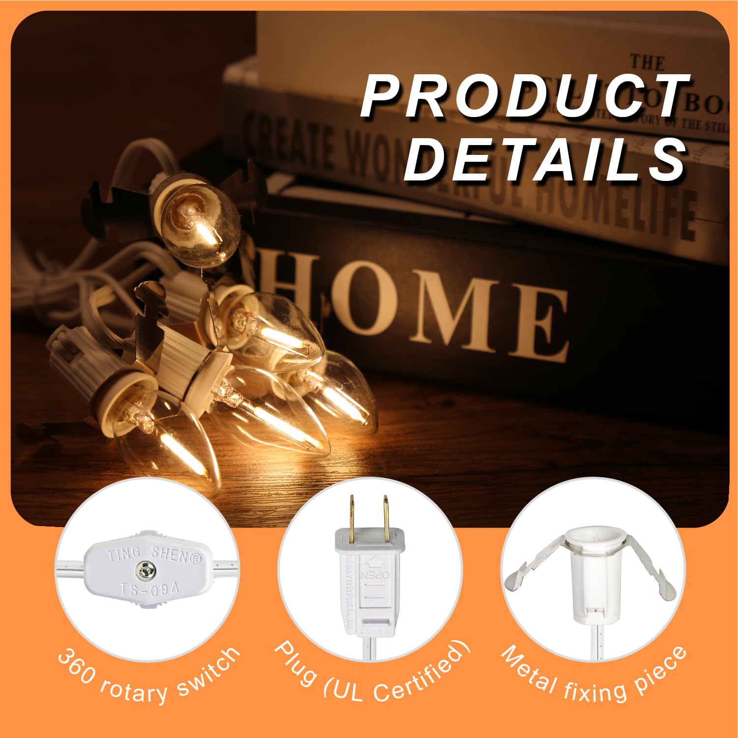 Kiraralite C7 String Bulbs - 5 Base LED Light Cord with White Clip & On/Off Switch for Christmas Village Decorations