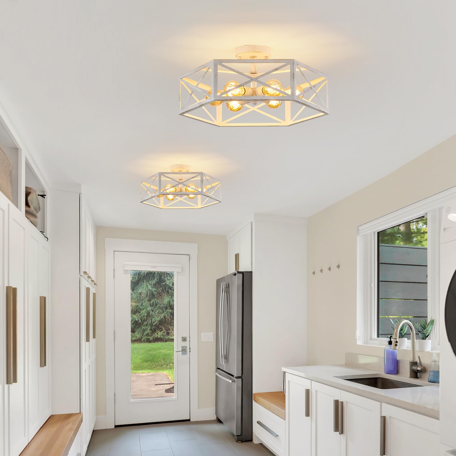 Xsdetu 19.68'' Semi Flush Mount Ceiling Light, Farmhouse 6-Light White Kitchen Lighting Fixtures Ceiling Mount, Modern Flush Mount Light Fixture, Metal Hexagon Cage Ceiling Lamp For Hallway