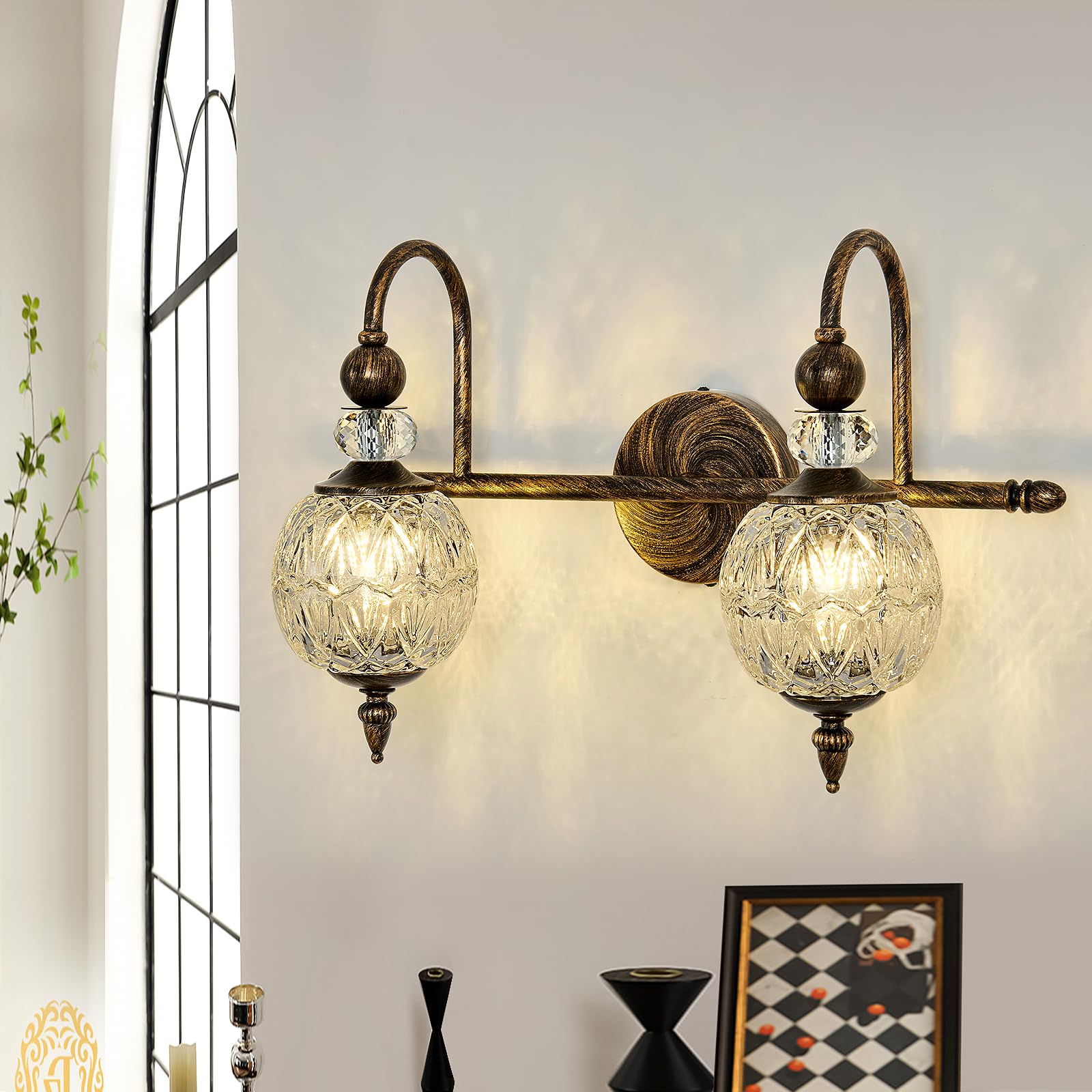 Piepooye Vintage Bathroom Light Fixtures Bronze Vanity Light With Glass Globe Lampshade 2 Lights Mid Century G9 Bulb Wall Sconce