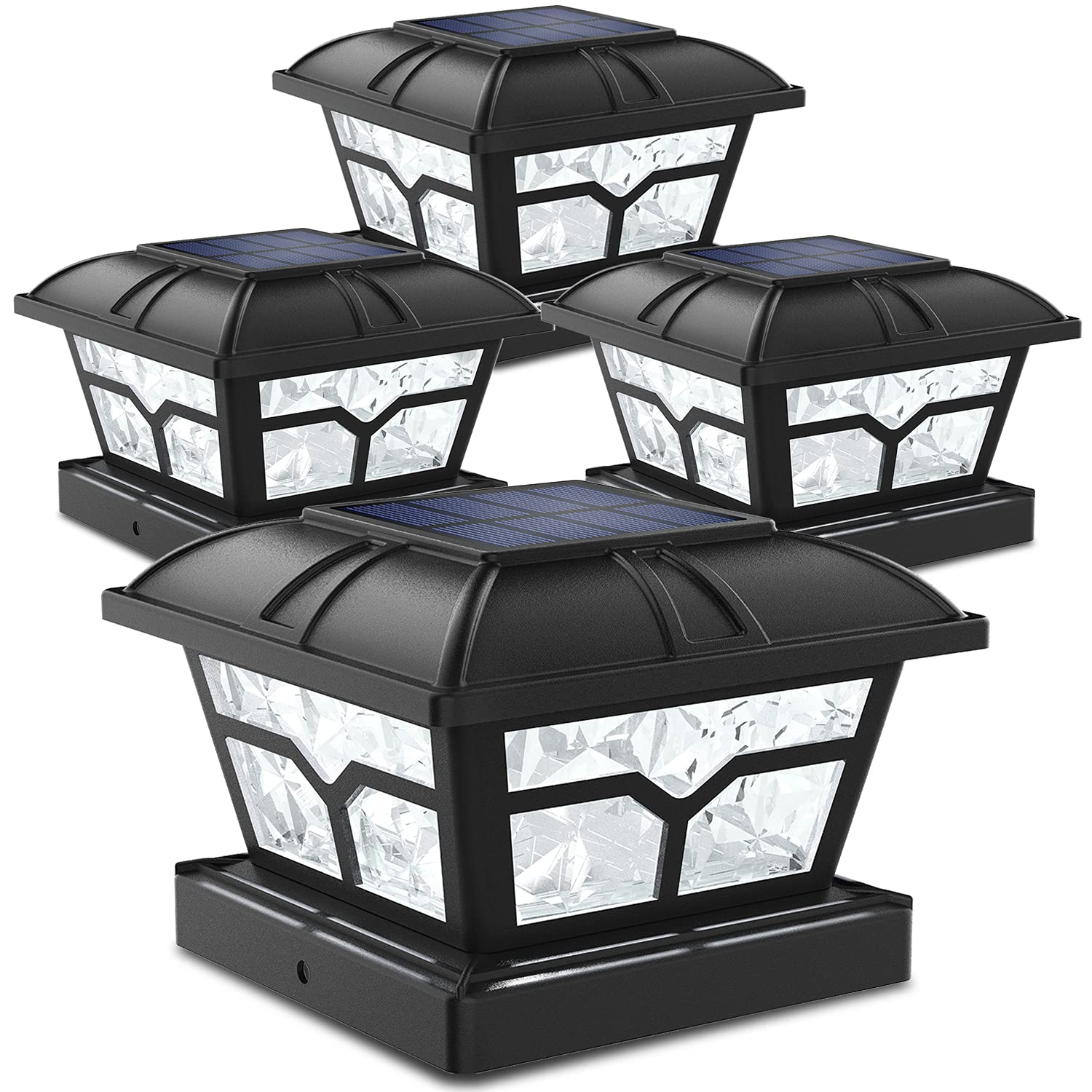 SIEDiNLAR Solar Post Cap Lights - 8 LEDs, 2 Color Modes, Black, 4 Pack, Fits 4x4, 5x5, 6x6 Posts