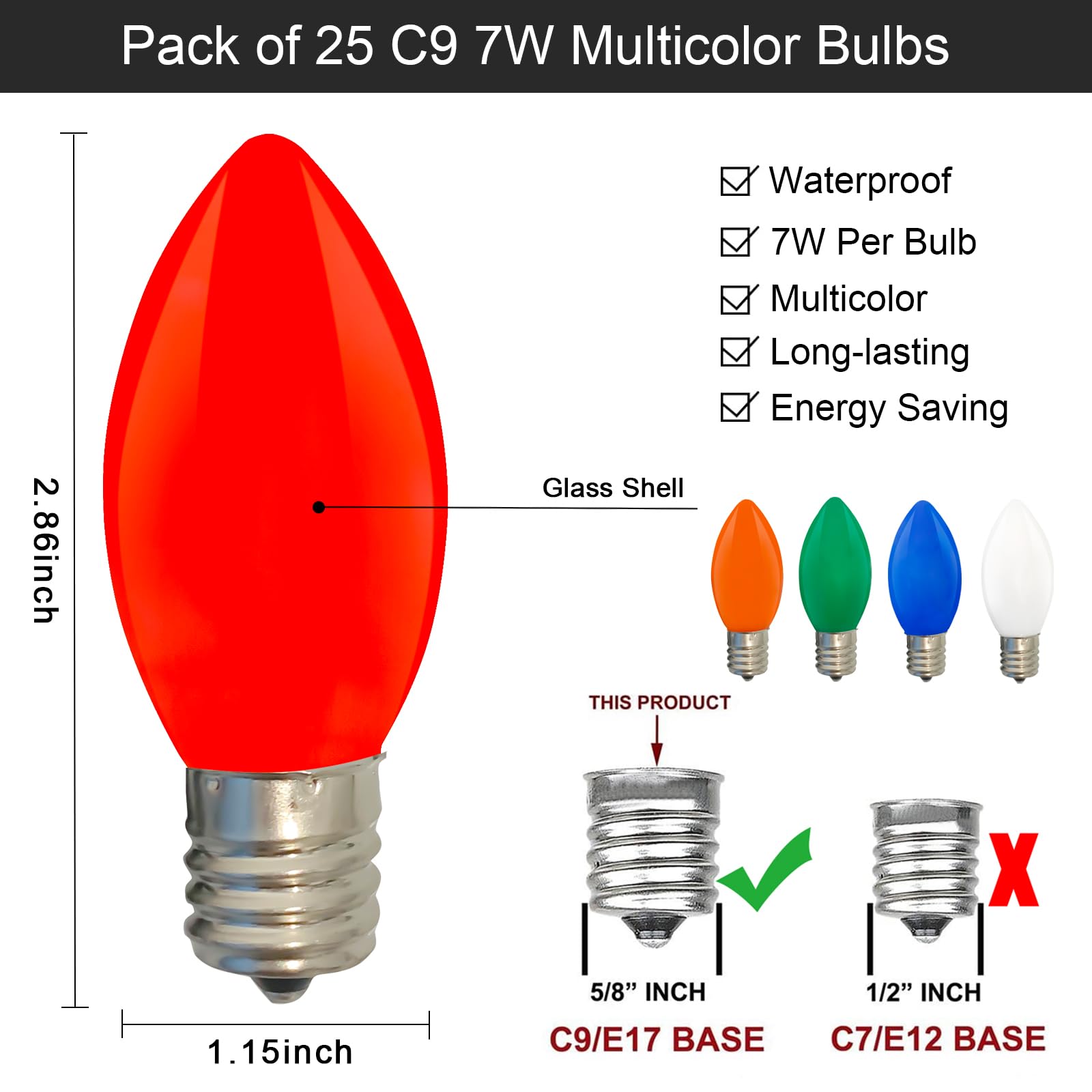 Sunsgne 25 Pack C9 Multicolor Christmas Light Bulbs, C9 Ceramic Multicolor Incandescent Replacement Bulbs For Outdoor Vintage Ch