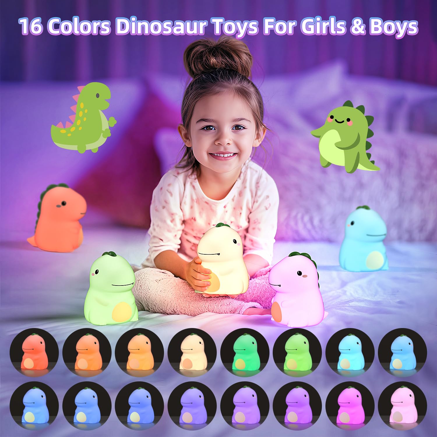 Kinyilo Dinosaur Night Light For Boys  Dino Lamp Silicone Light  16 Color Nightlight  Rechargeable Battery Powered  30Min Timer Off  Ideal Gifts For Kids Toddler Baby