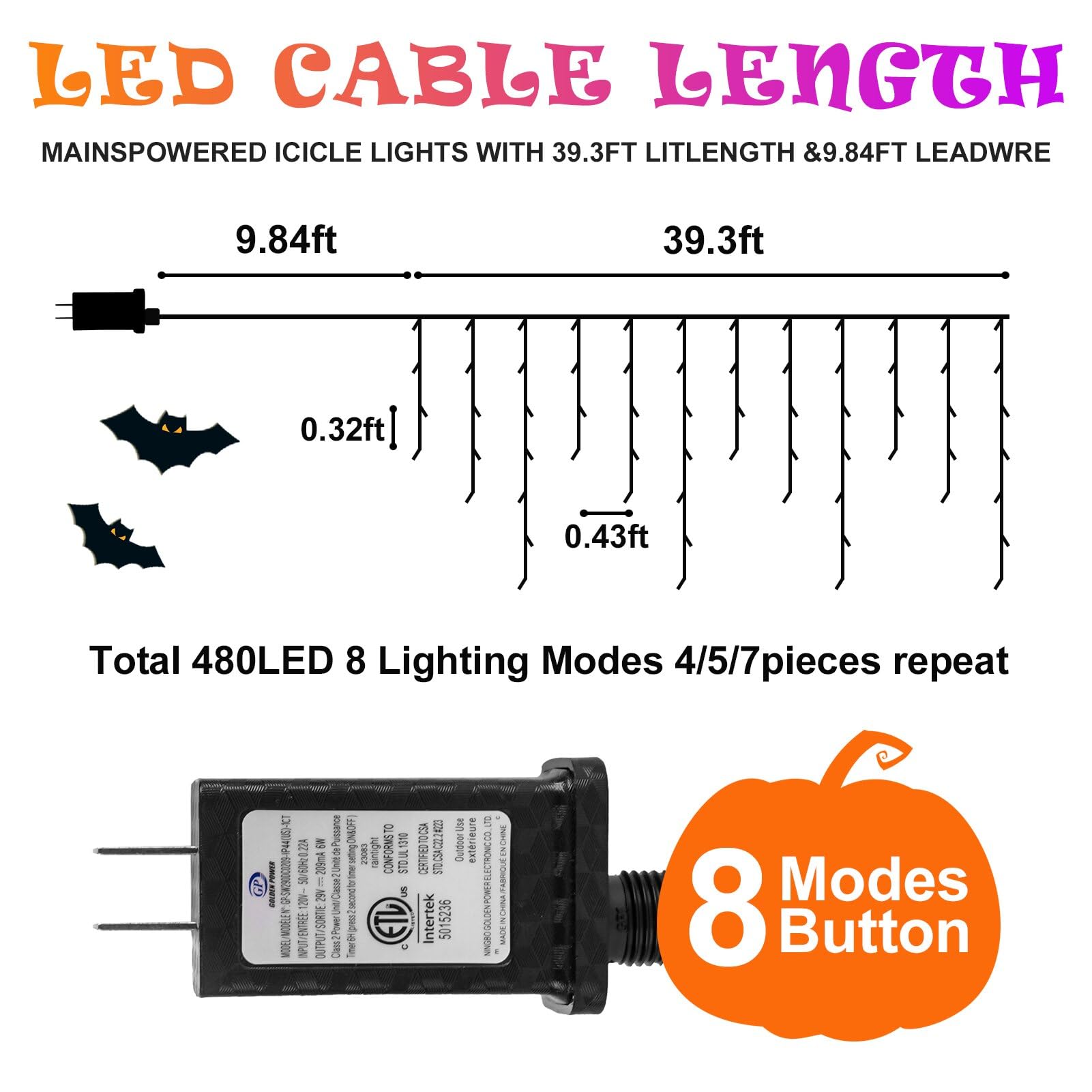 Heceltt Halloween String Lights, 39FT 480LED, Orange and Purple, 8 Lighting Modes, Timer Memory Function, Model BG-CL3M3-306L01