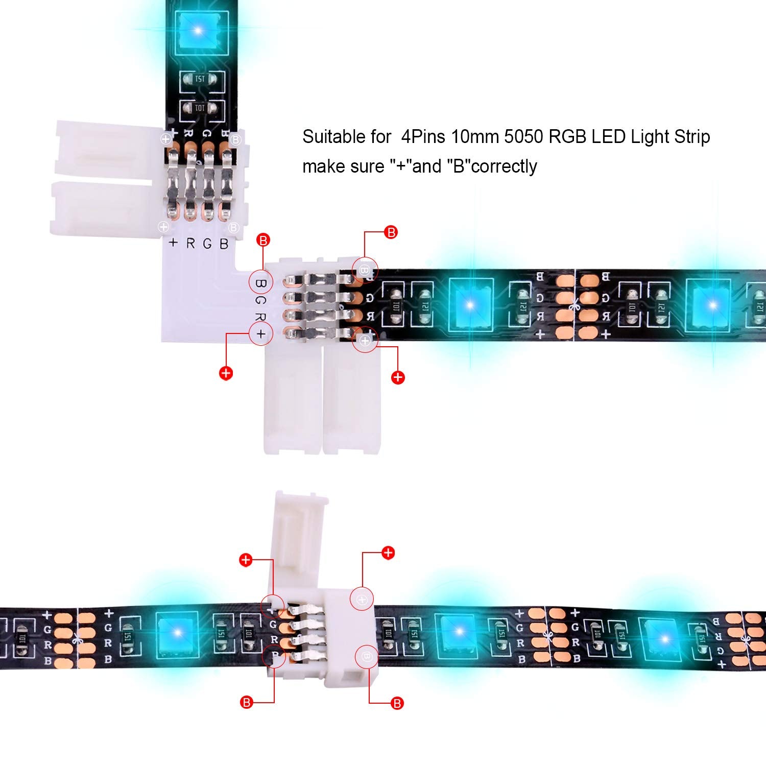 Icreating Led Strip Connectors 4 Pin  Rgb Led Light Connectors Kit Includes 5050 Led Connectors L Shape 4Pin 10Mm Led Light Strip Connectors