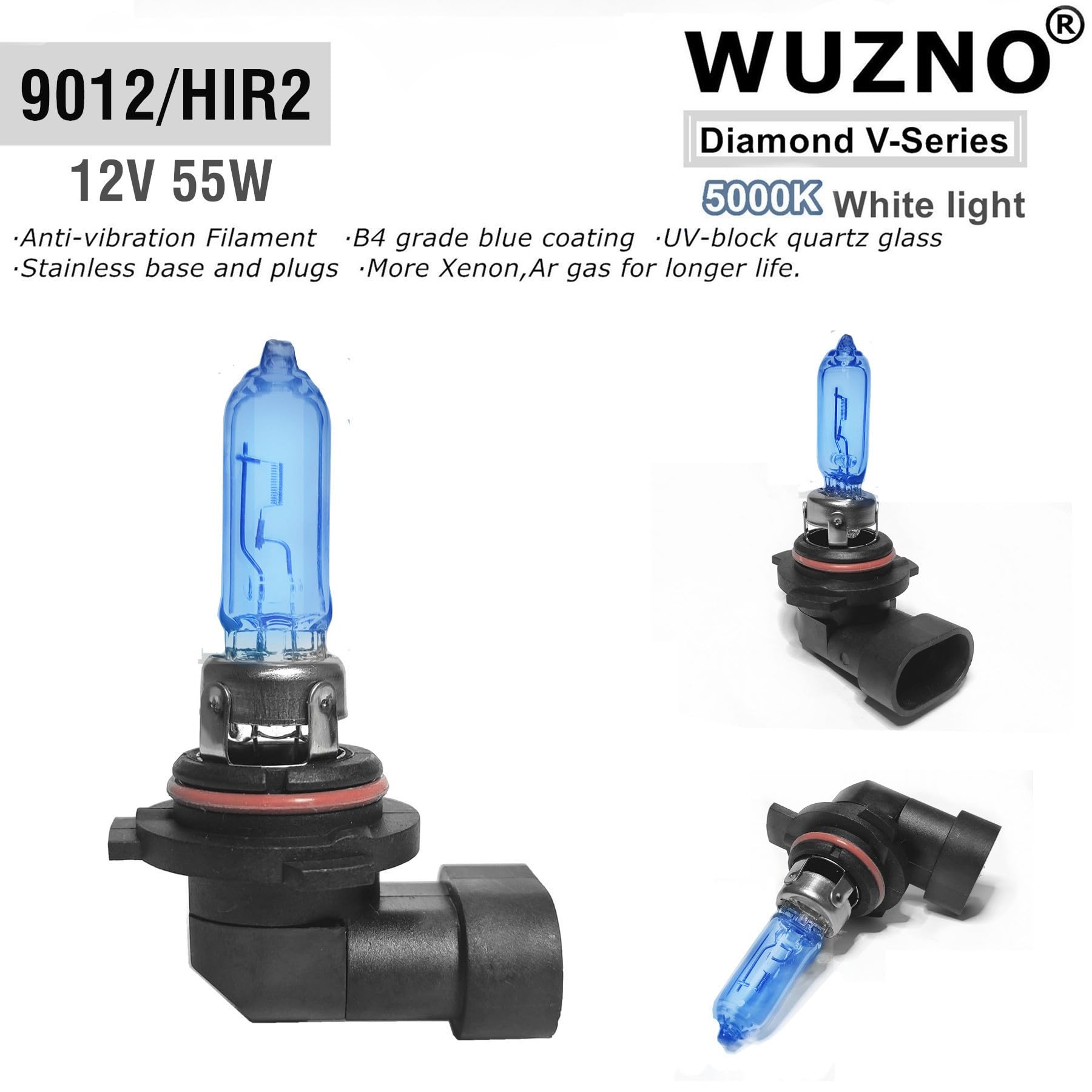 Wuzno 9012 Halogen Headlight Bulb - 12V 55W, Super Bright 5000K, High/Low Beam, 2 Pack
