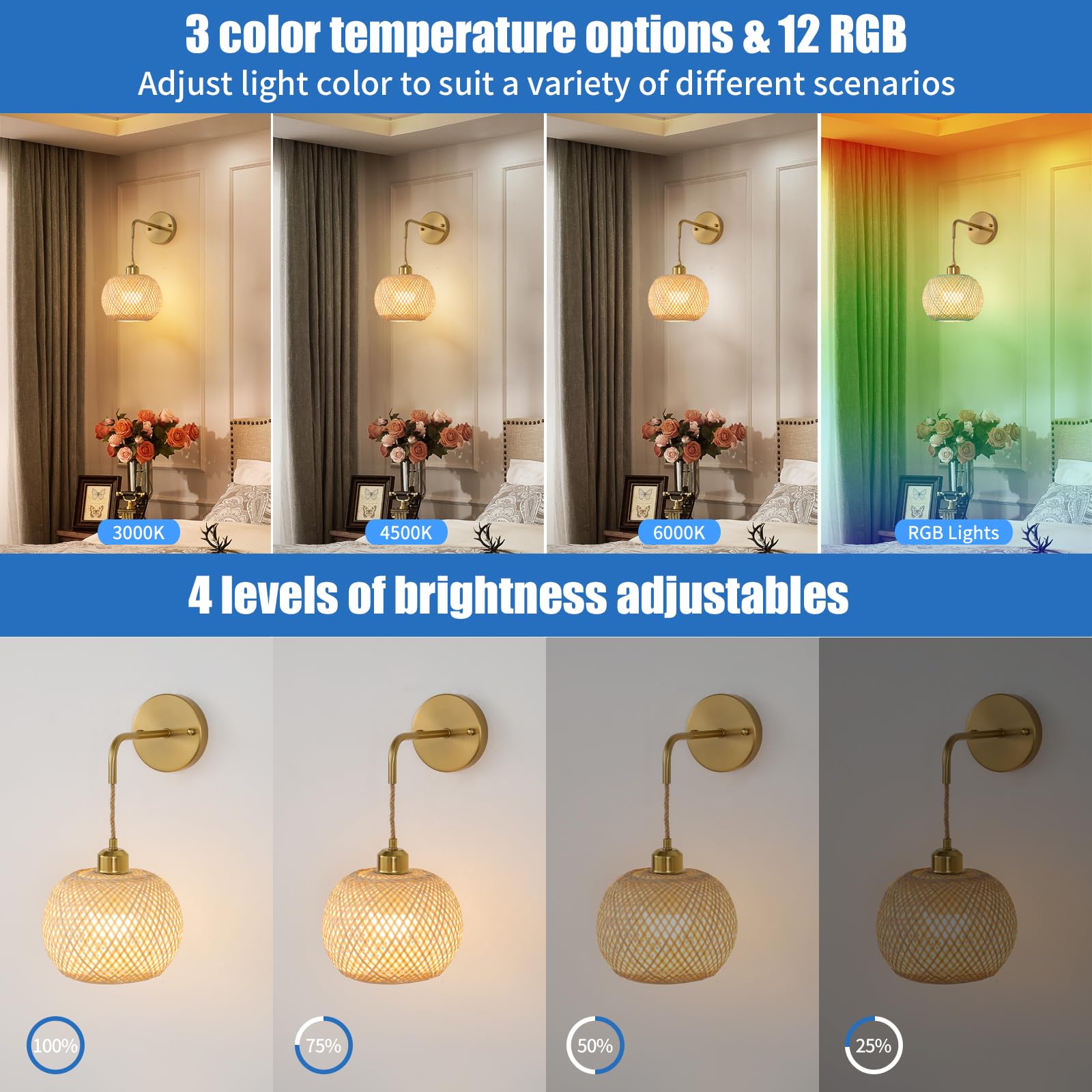 Vitnucrol Gold Wall Sconces Set of 2, Rechargeable Rattan Lamps with Remote, 15 Colors Dimmable, Wireless Boho Lighting, Model WS0008BM2