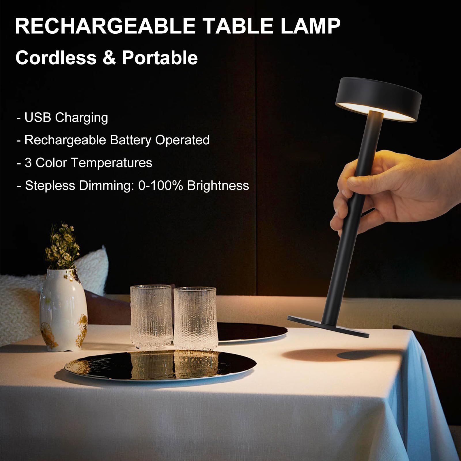 Briever Portable Cordless Table Lamp, Rechargeable Battery Operated Lamp With 3 Colors Stepless Dimming, Outdoor Led Desk Lamp F