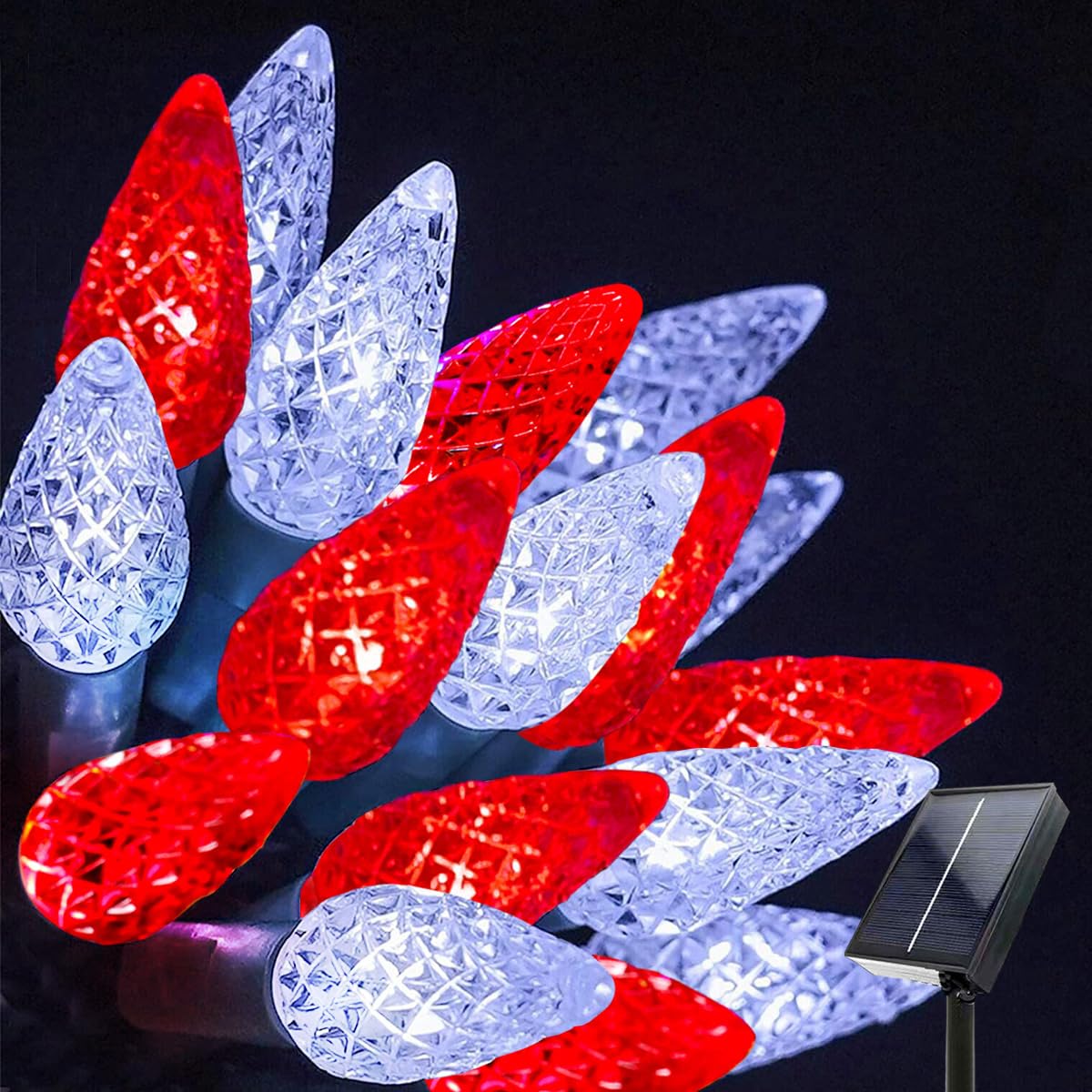 Solar Christmas String Lights, 50 LED 8 Modes C6 Strawberry String Lights Waterproof Rechargeable Outdoor Garden Fairy Lights fo