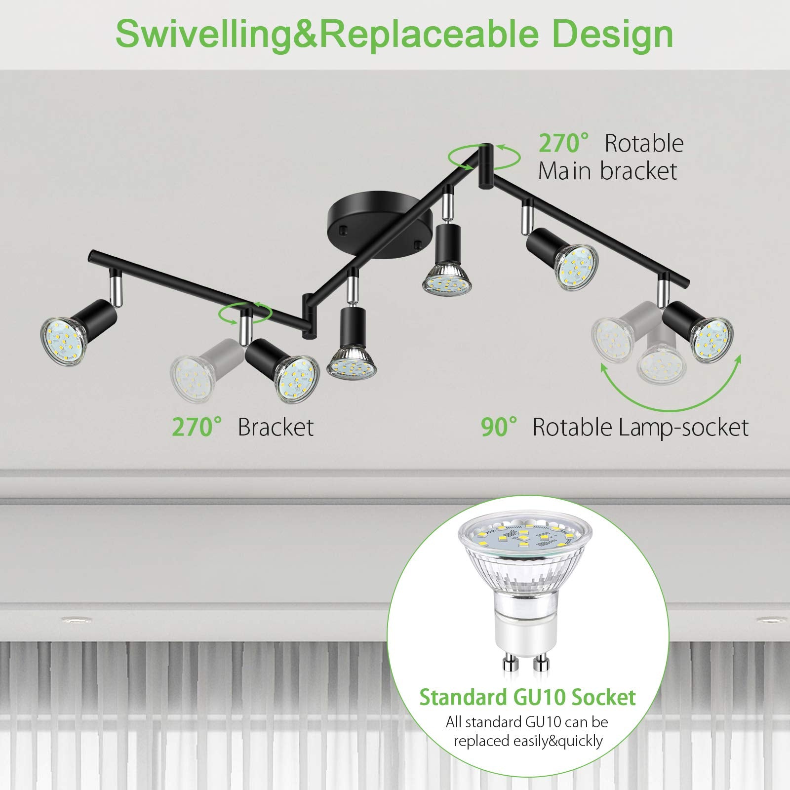 Unicozin Led 6-Light Track Lighting Kit - Black, 6-Way Ceiling Spot Lights With Flexibly Rotatable Heads, Includes 6 X Led Gu10