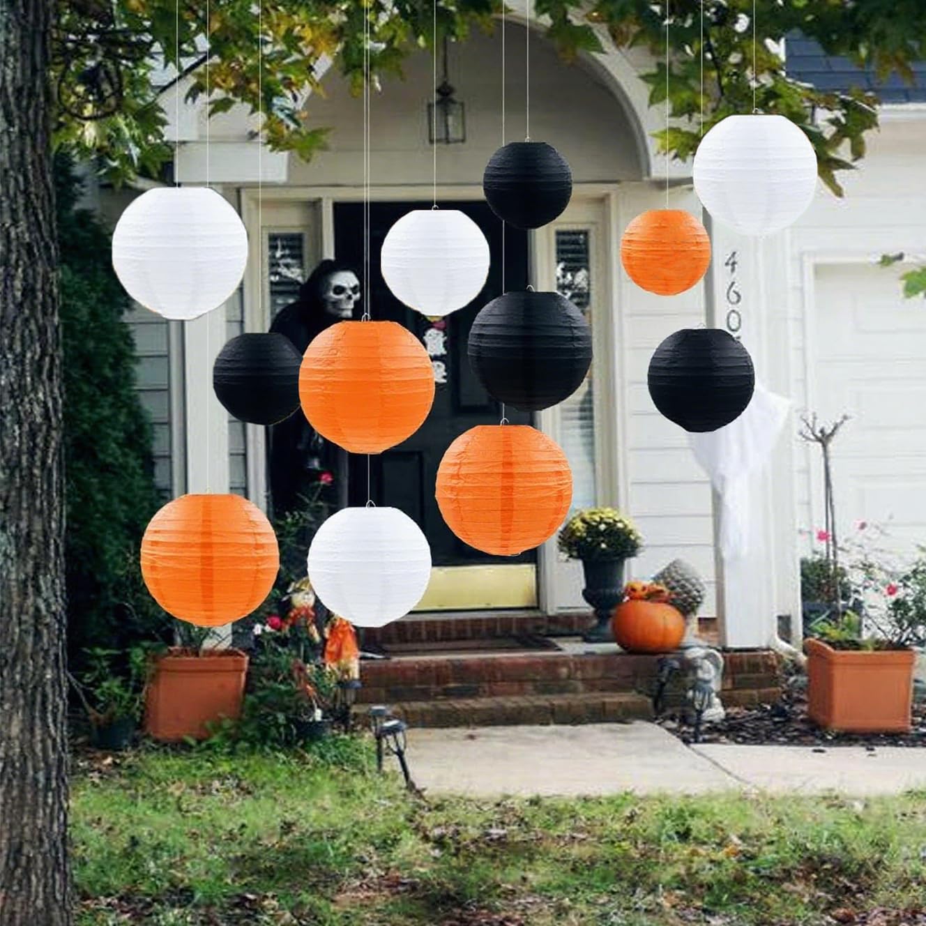 Capesaro Orange Black White Paper Lanterns Decorative 12Pcs Halloween Hanging Decorations For Graduation Thanksgiving Birthday Party Decorations