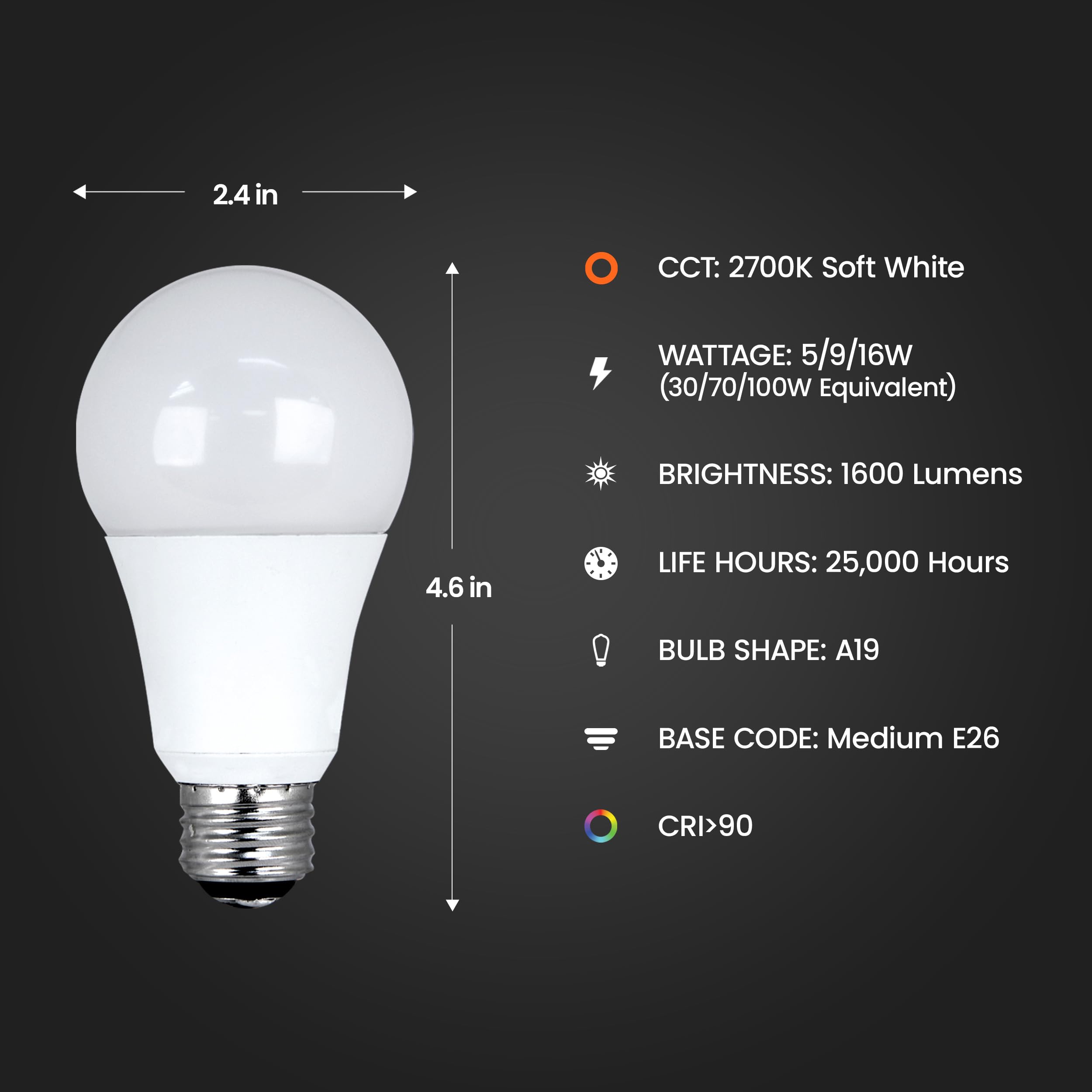 Feit Electric A19 Led Light Bulb, 3-Way Adjustable Wattage 30/70/100W Equivalent, E26 Base, Non-Dimmable, 1600 Lumen, 2700K Soft