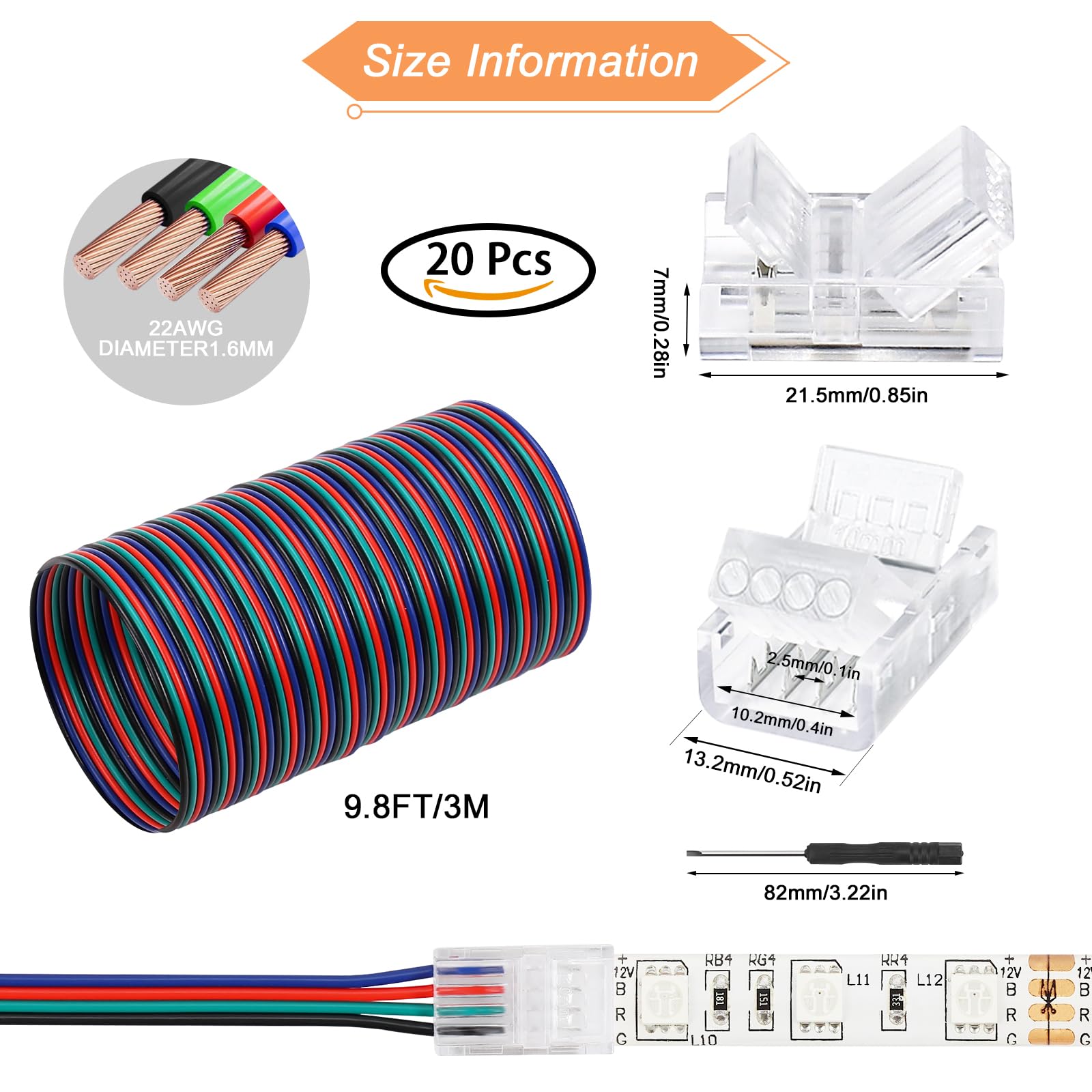 Precihw 20 Pack 4 Pin Led Strip Light Connectors 10 Mm, Solderless Transparent Track Lighting Connectors Led Pin Connector For 5050 Waterproof Rgb