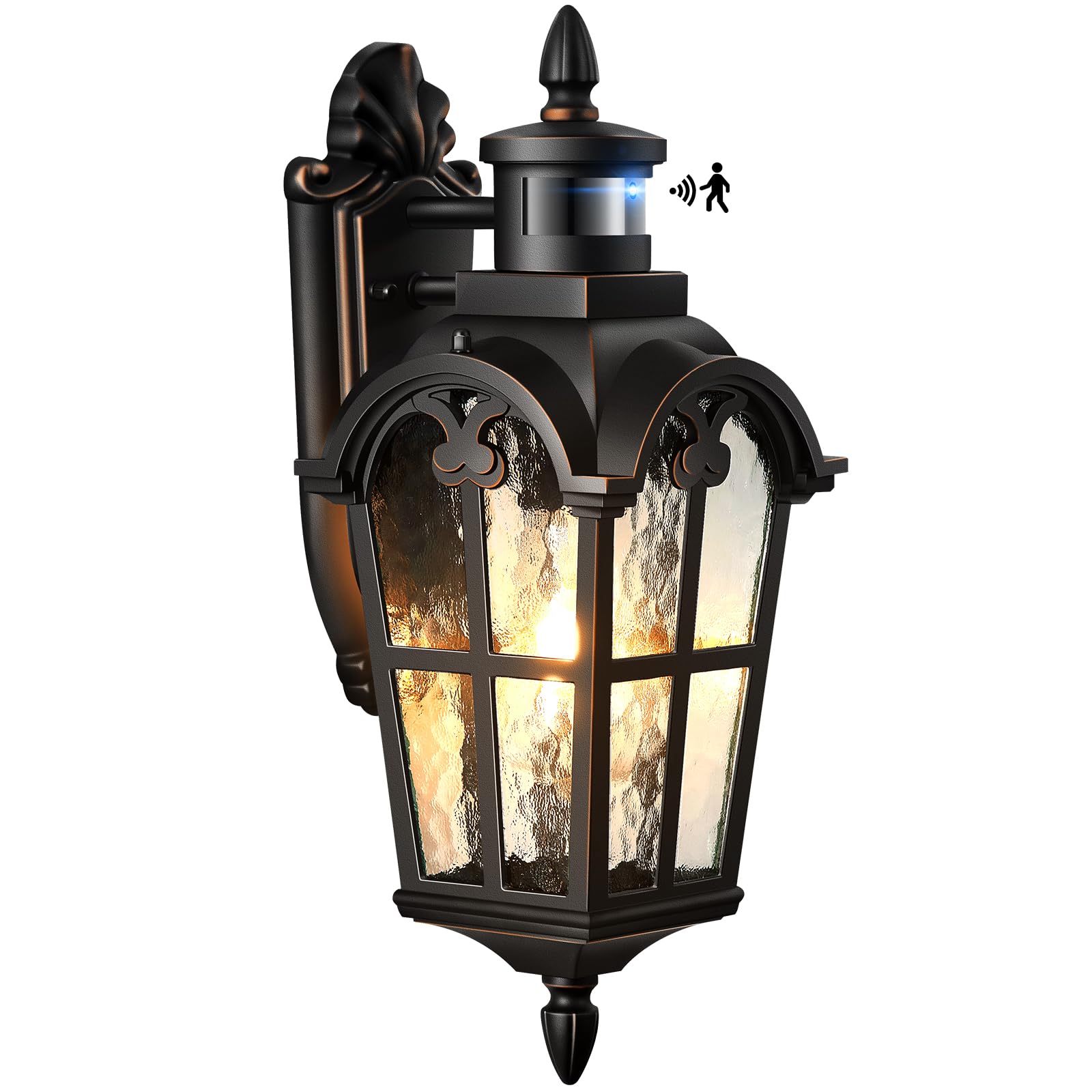 VIANIS Motion Sensor Outdoor Light, 16.4" H Waterproof Black Lantern with Gold Trim, Aluminum Fixture for House, Garden, Patio
