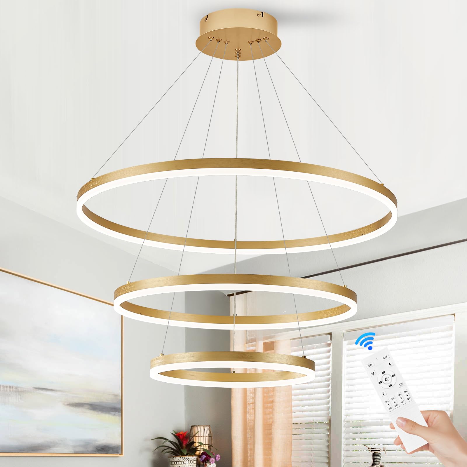 Benkut Modern LED Chandelier, 3 Ring Pendant Light, Dimmable, Gold, Remote Control, Model BK-P60-3GDC1