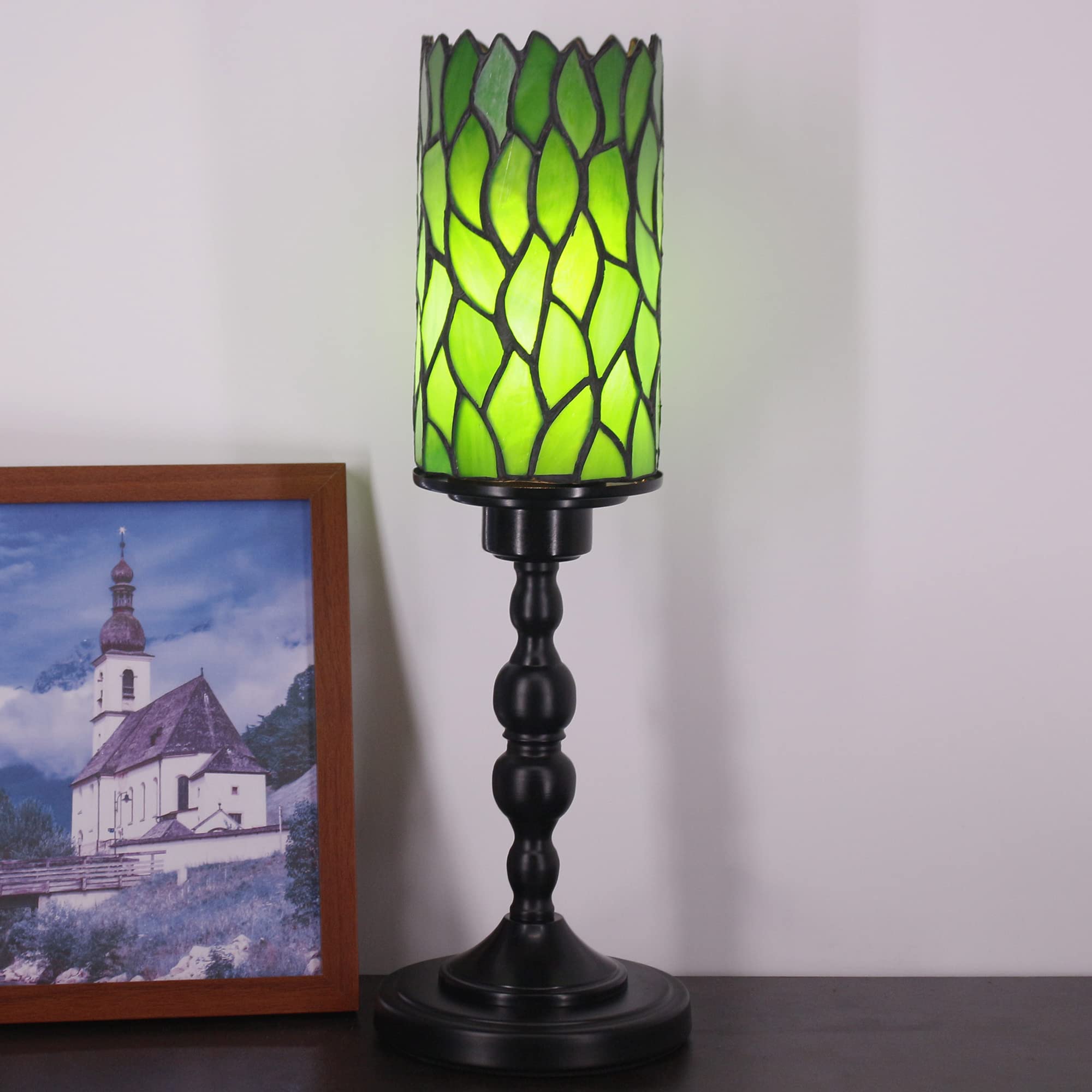 SYETL Small Tiffany Table Lamp Stained Glass Candlestick Style Table Light Green Liasion Style Desk Lamp Memory Lamp Sympathy Light (White Bending Style)
