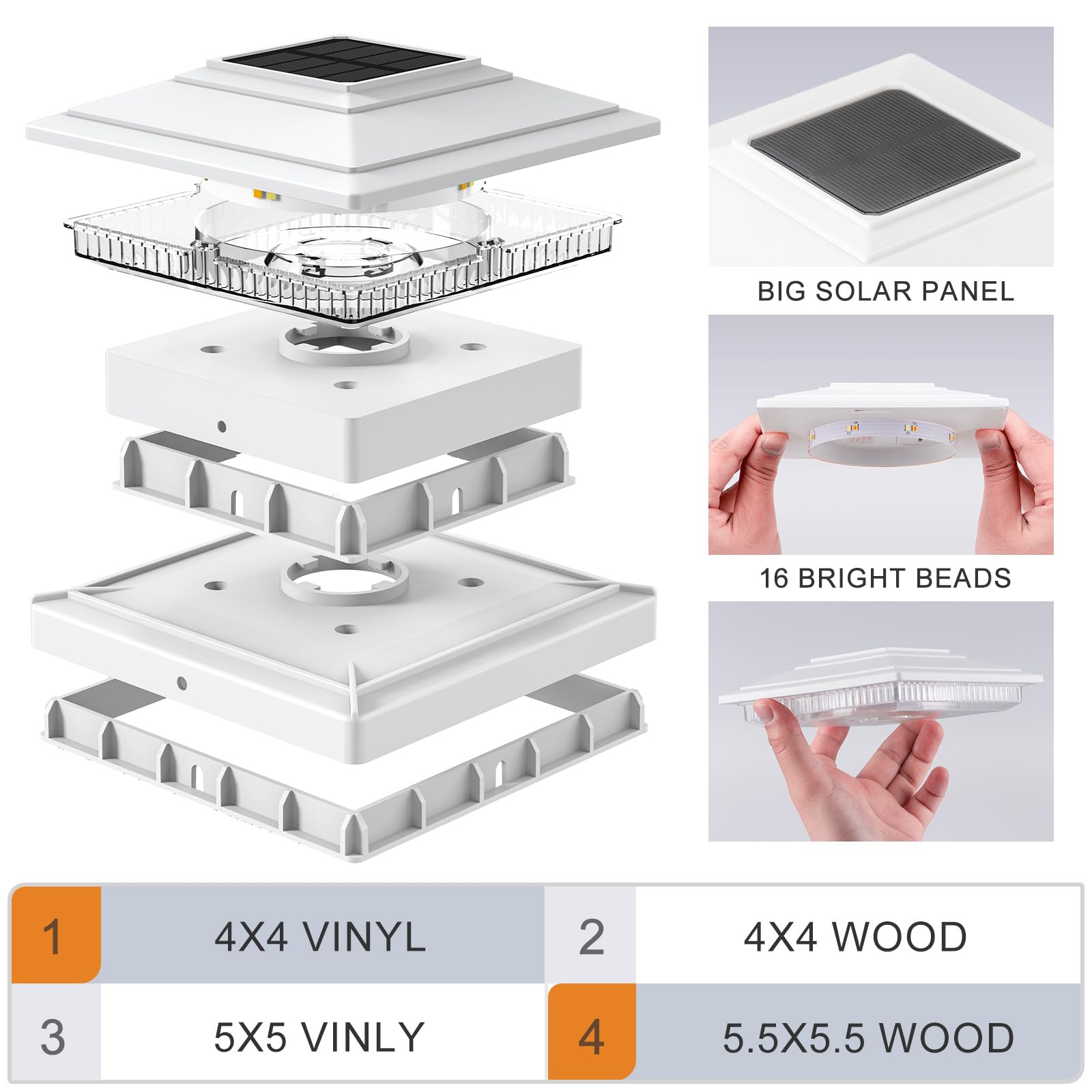 APONUO Solar Post Cap Lights 16-Pack, Waterproof 16 LED for 4x4/5x5/6x6 Posts, White, Model TZ28, 10-Hr Lighting