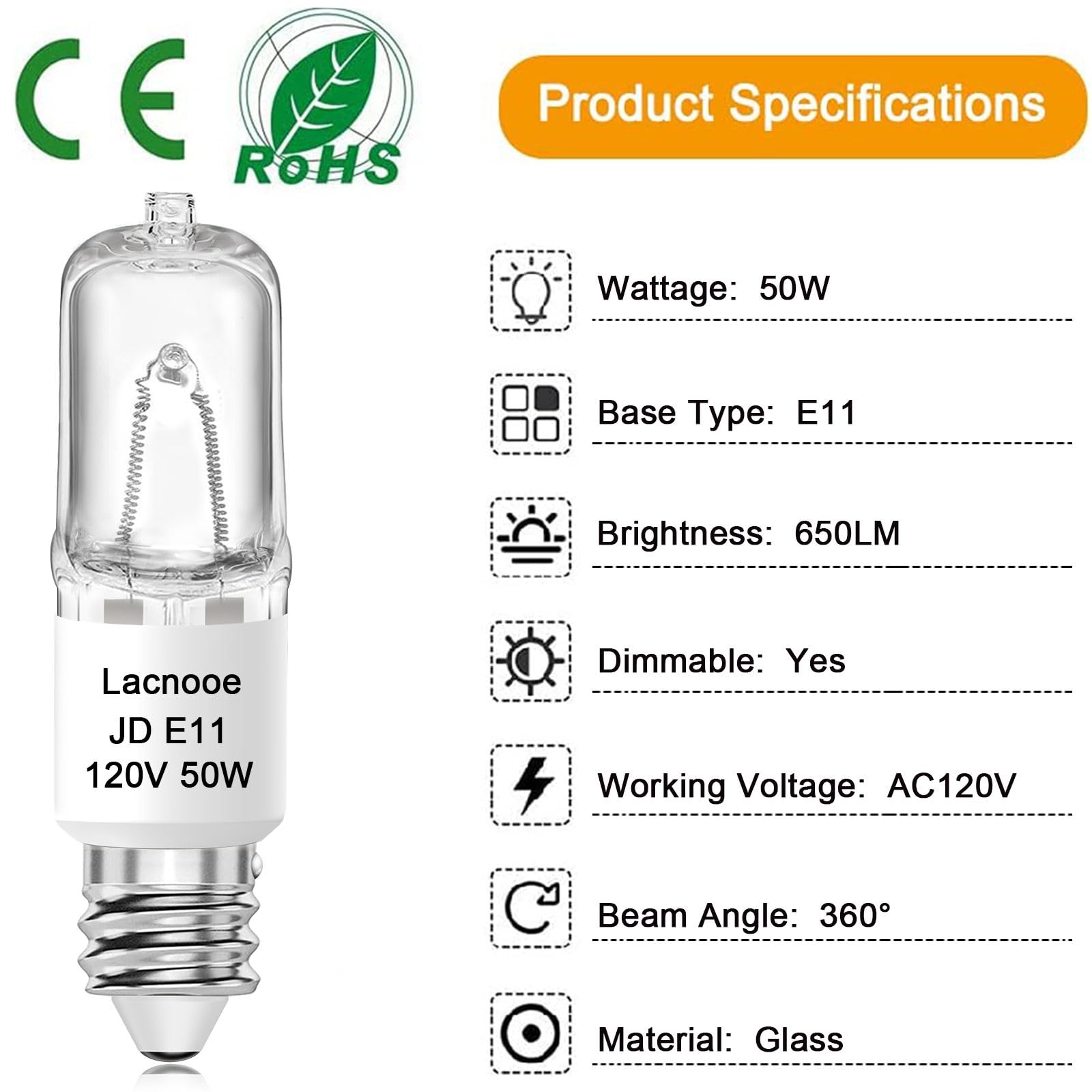 Lacnooe E11 Halogen Light Bulbs 120V 50W Dimmable Warm White Glass 4PCS for Chandeliers, Ceiling Fans, Table Lamps