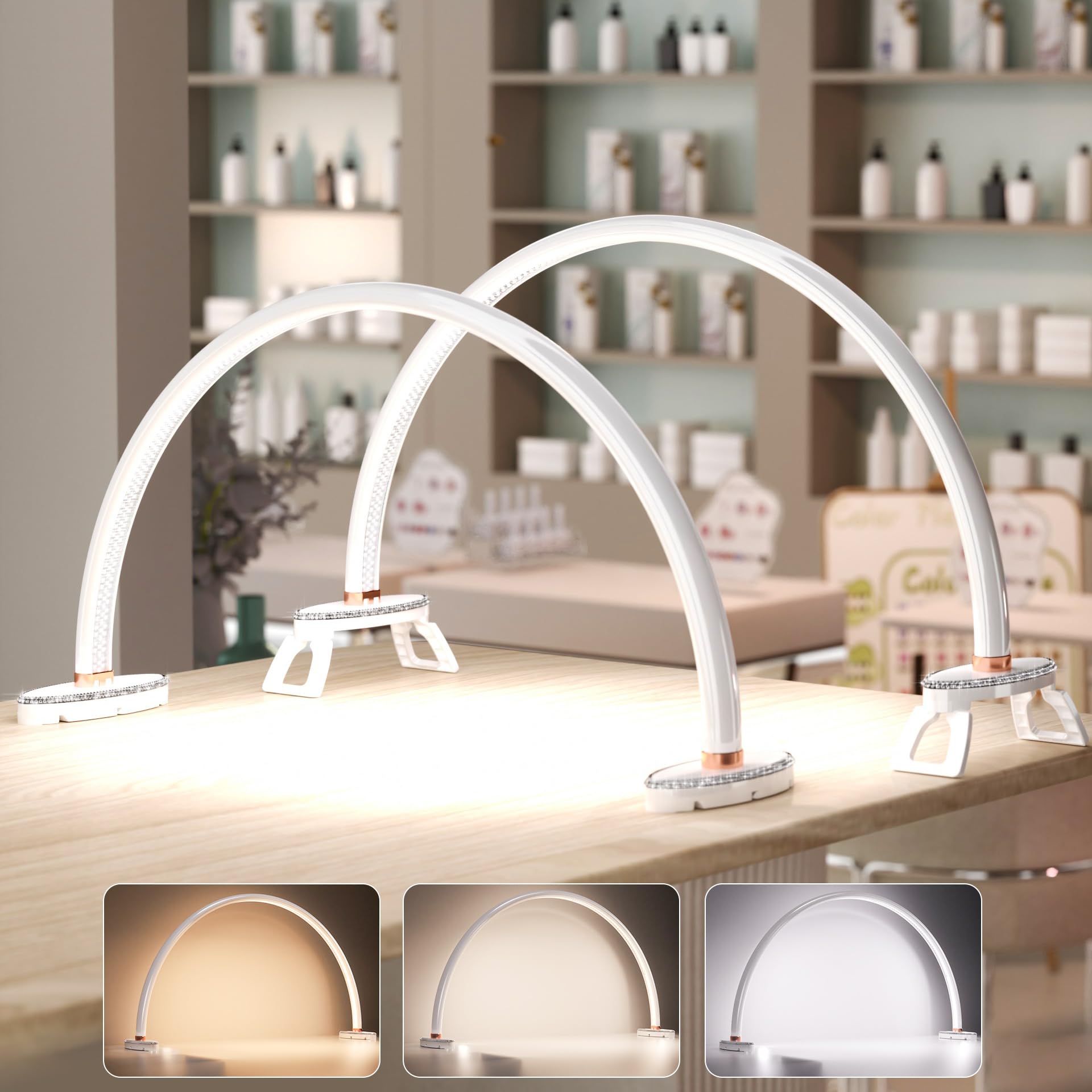 2 Pack Half Moon Light For Nail Desk.3Light Colors.Adjustable Brightness.180 Degree Lllumination,Lamp For Nails Table For For Pa