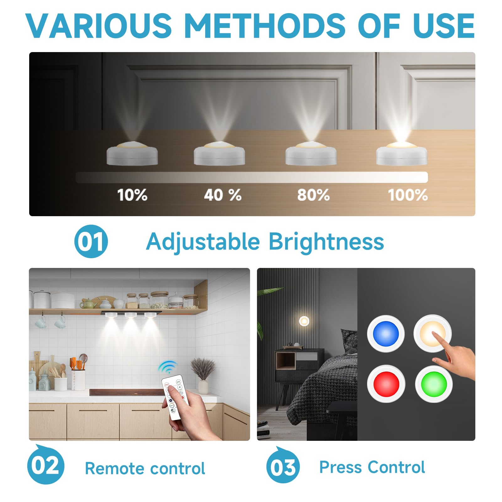 Lilampts LED Puck Lights, Wireless Under Cabinet Lighting, Color Changing with Dimmer, 12 Pack, White, Battery Operated